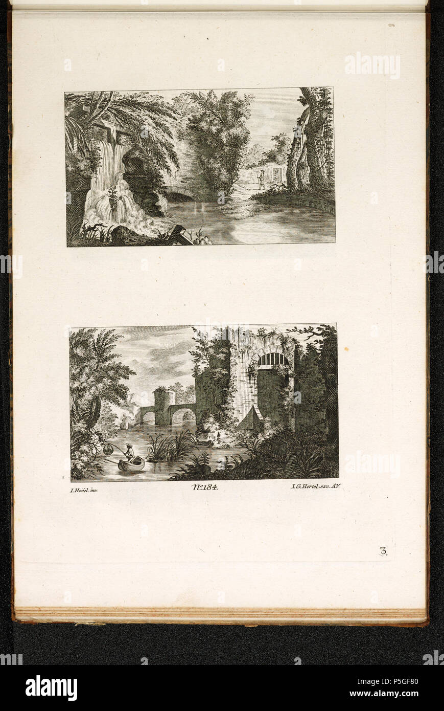Des estampes . [2] Landschaften ; Livre des paysages inventê par J. Hoüel, n° 184 (3) Blatt ; [recto] liens unten : I. Hoüel, inv. [Oben Mitte] : N°. 184. [33] En bas : I. G. Hertel, exc. A.V. [156] : 3 unten. ; Zwei Landschaften . 18e siècle. Houël, Jean-Pierre [MalerIn/ZeichnerIn] 288 CH-NB - -2- Landschaften - collection Gugelmann - GS-GUGE-2-j-105 Banque D'Images