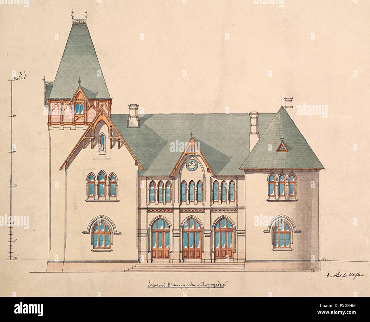 N/A. Anglais : Dessin de l'architecte de la gare de Halden Halden, Norvège. Elle a été faite par Peter A. Blix en 1877 et représente le Blokkmakergata Borgergate vers la façade et. La station a été terminé au moment de l'ouverture de la ligne de l'ouest d'Smålensbanen 18 juillet 1879. Norsk bokmål : Arkitekttegning Halden tågstation av. Den er laget av Peter A. Blix je 1877 fasaden Blokkmakergata og'Borgergate mot og. Åpningen Stasjonen sto ferdig jusqu'Smålensbanens av vestre linje 18. juli 1879. 1877. Peter Andreas Blix (1831-1901) Description L'architecte norvégien Date de naissance/deat Banque D'Images