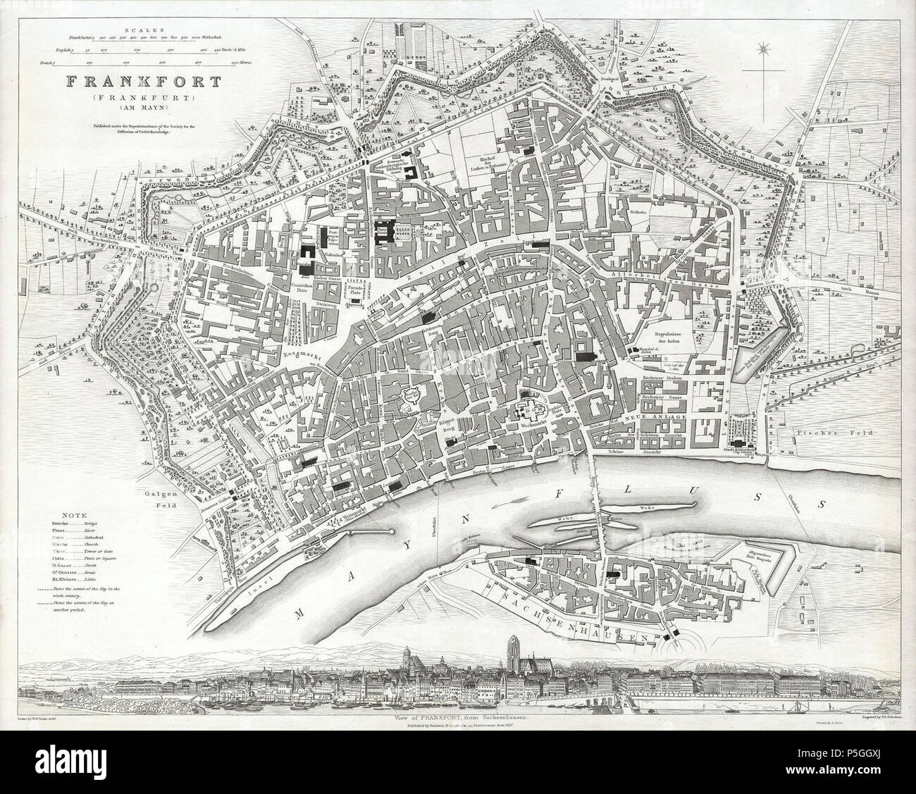 1837 S.D.U.K. Plan de la ville ou d'un plan de Francfort, Allemagne - Francfort - Geographicus-SDUK-1837. Banque D'Images