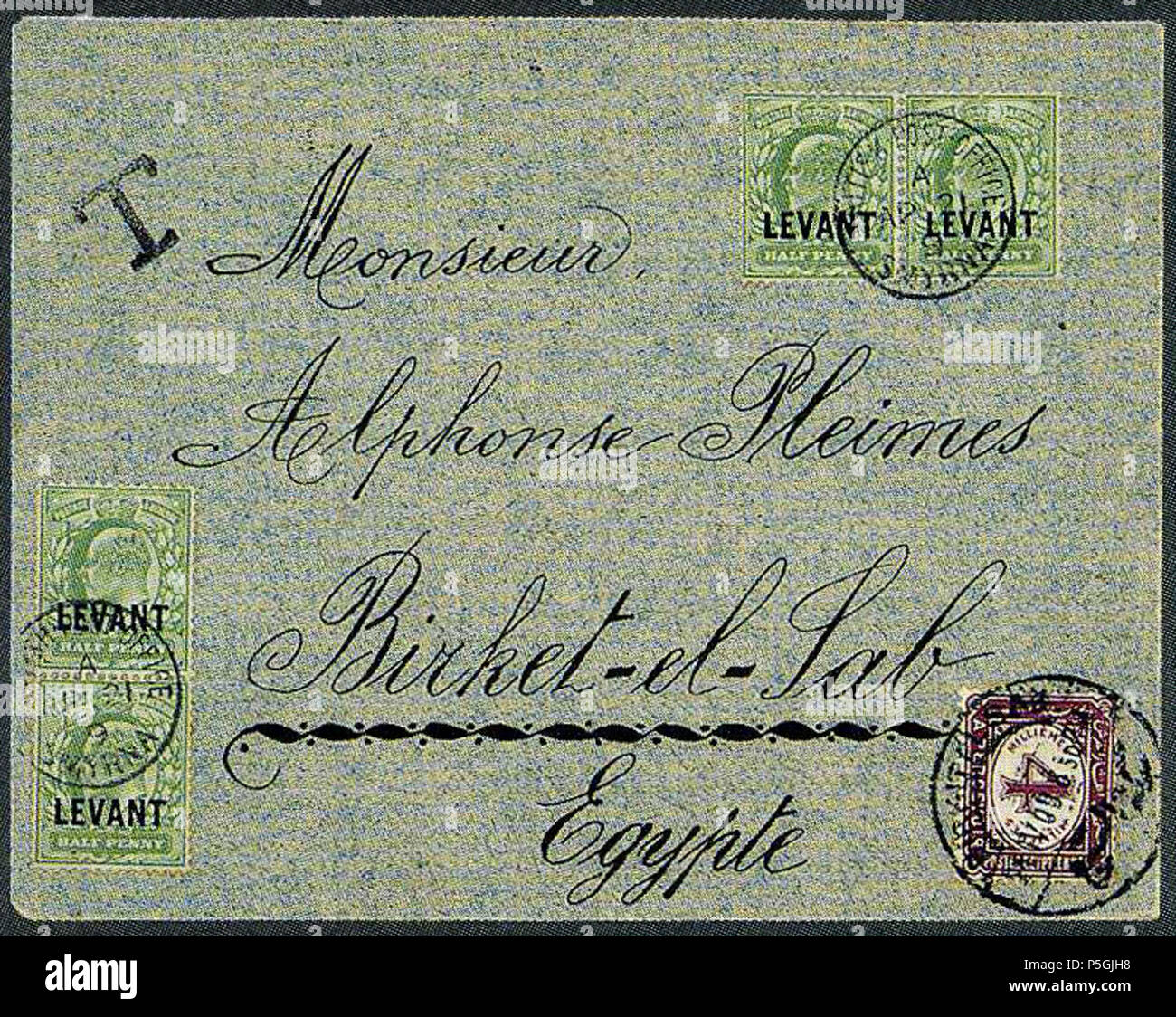 N/A. English : couvert de la Poste anglaise (4 1/2 p, Yvert 12 de 1905) à Smyrne vers Birket-El-SAB (Egypte), taxé à 4 millièmes. SG D74. Lot 2568 vendu 200 FS en 2000 par Corinphila. 29 septembre 2017, 12:55:01. Poster de l'Empire Ottoman 32 1909 YV12 BPO Smyrne à Birket-El-ccs Egypte SG D72 Banque D'Images