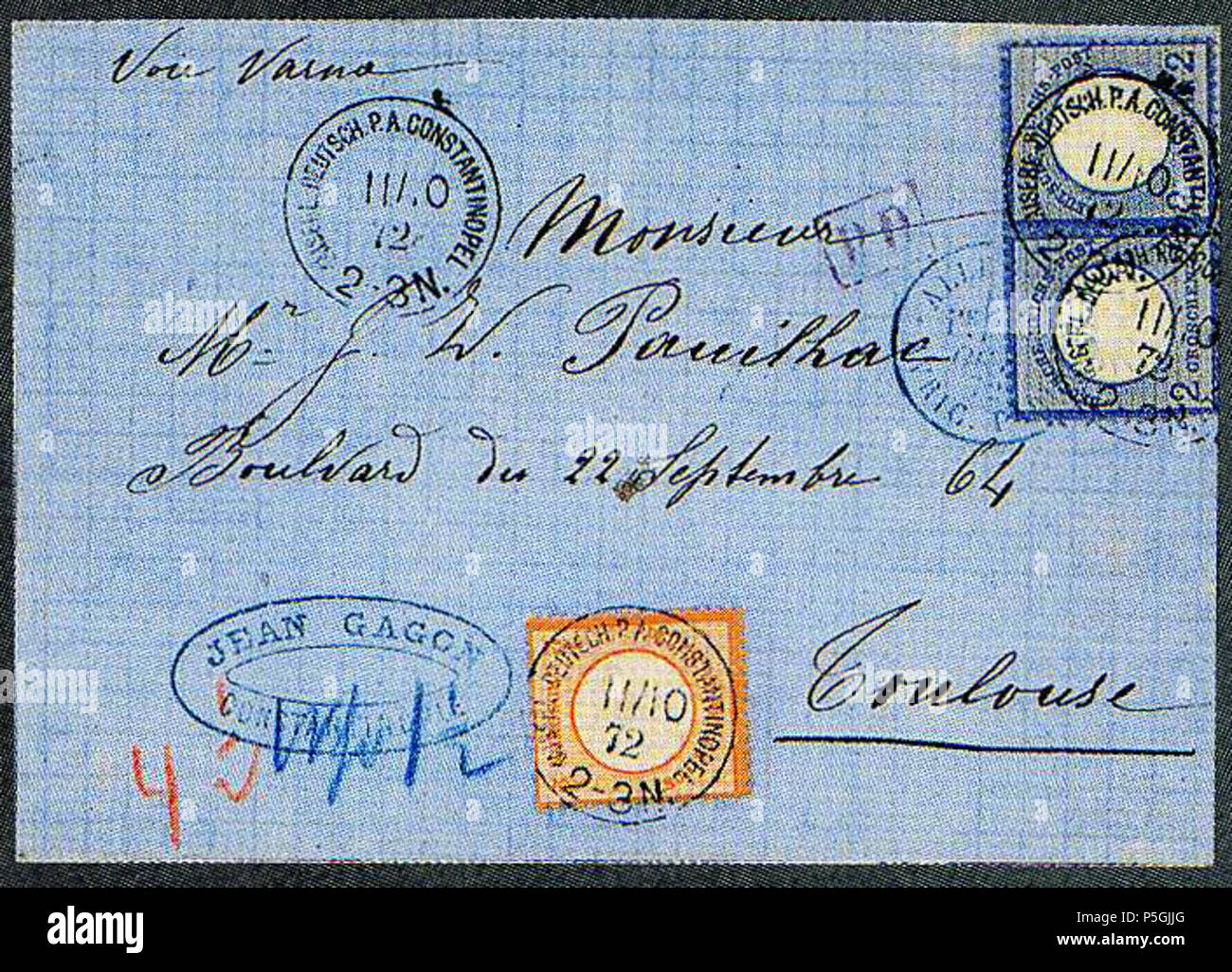 N/A. Anglais : Couvert de Constantinopel vers Toulouse. Timbres du Reich 2 gr  + 1/2 gr. Michel N°18&20. Lot 3031 vendu 600 FS en 2000. 11 octobre 1872 (2017-10-05 scan). La poste allemande en Turquie 301872 PA Constantinopel DP Toulouse MiV18&amp;20 Banque D'Images