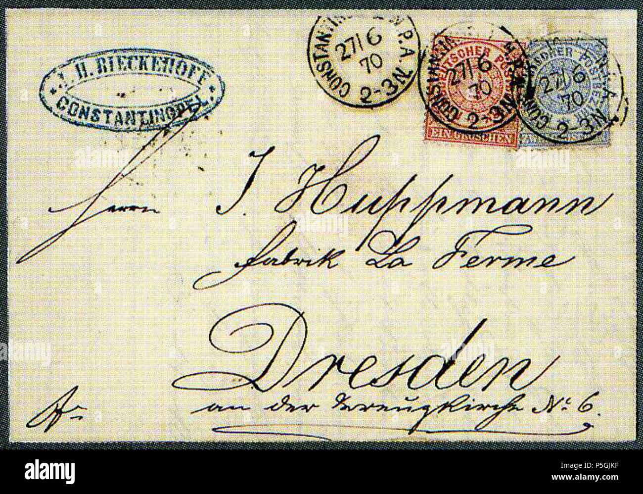N/A. Anglais : Capot de Constantinopel N.P.A. à Dresde, avec 1 & 2 groschen NDPB. Michel N°V16-V17. Lot 3025 vendu 950 SF en 2000. 27 Juin 1870 2017-10-13) (scan. La poste allemande en Turquie 301870 3gr NDPB Constantinopel Dresden MiV16&amp;17 Banque D'Images