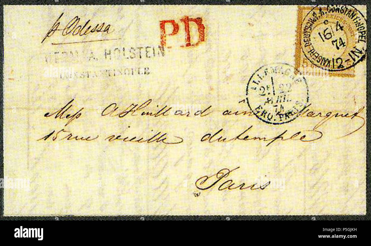 N/A. English : Couvert avec Reich 5 groschen grand aigle, de Constantinople vers Paris en 1874. Lot 3040 vendu 950 FS en 2000. Michel N°V22. 16 Avril 1874 2017-10-13) (scan. La poste allemande en Turquie 301874 5groschen DP PA Constantinopel Paris MiV22 Banque D'Images