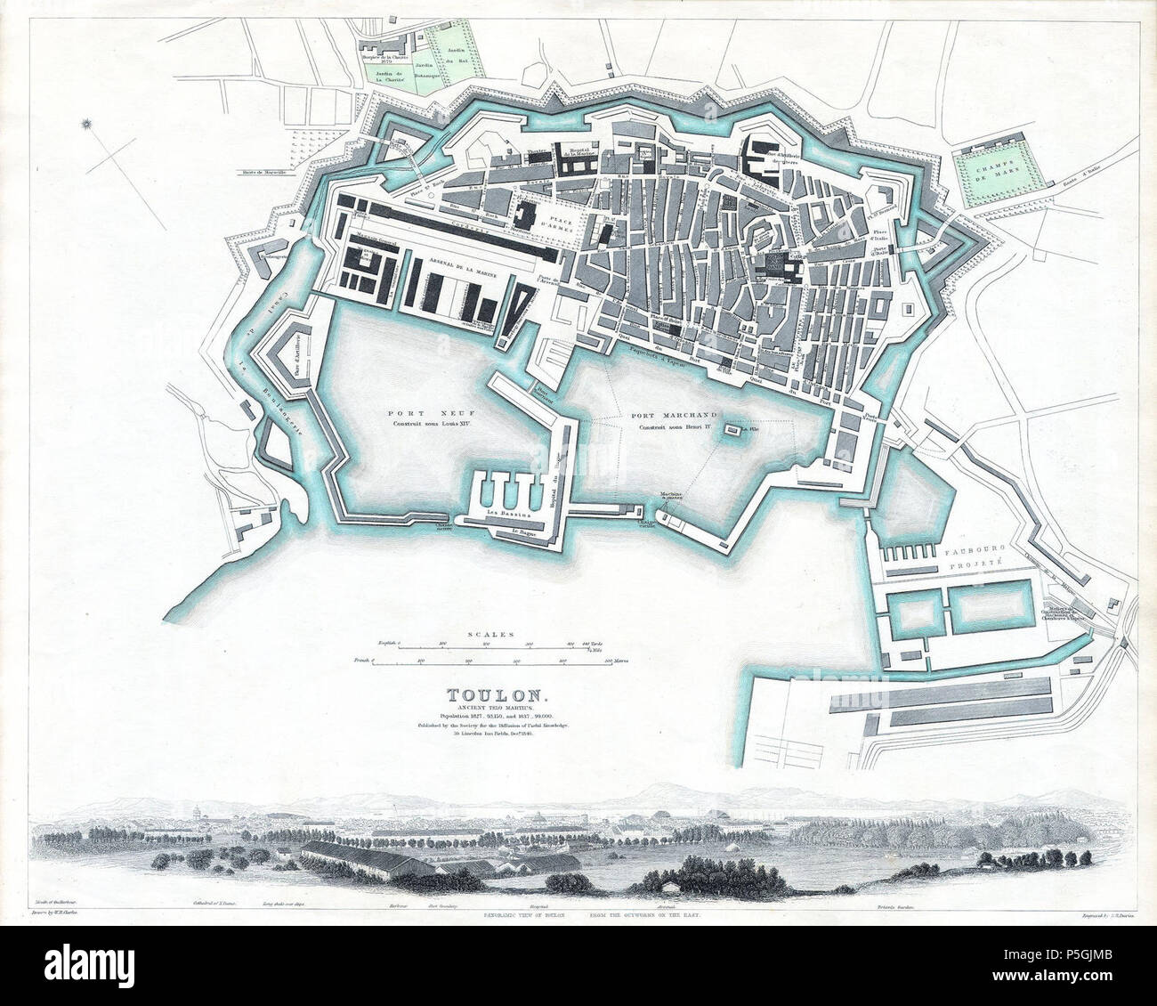 1840 S.D.U.K. Carte ou plan de ville de Toulon, France - Geographicus - Tulon-SDUK-1840. Banque D'Images
