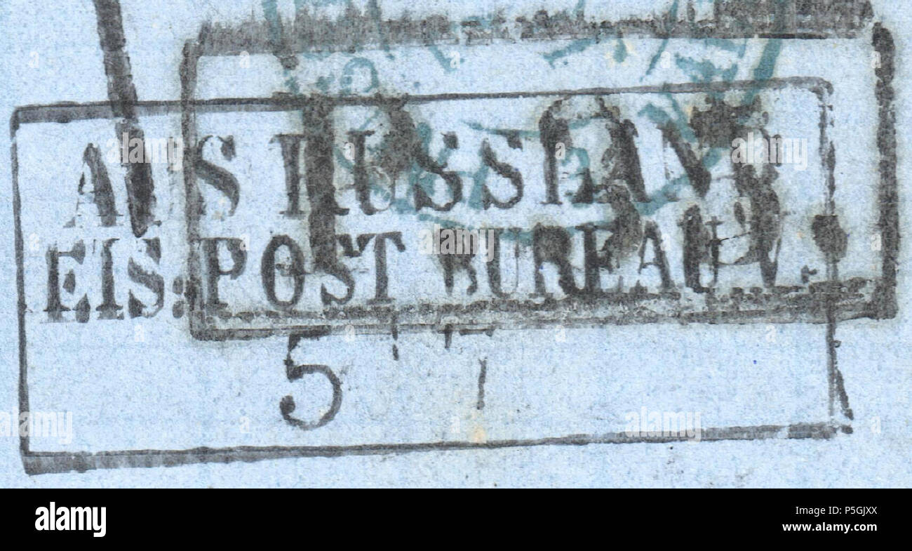N/A. English : 'AUS RUSSLAND / EIS.BUREAU DE POSTE V / 57' 32x14mm en boîte marquage sur Russian mail - Type RY10a. Le Bureau V a été centrée sur la division allemande T.P.O. Breslau. Ce marquage a été utilisé sur les sacs de courrier dans le sud de la Russie qui a été trié en transit à Berlin. Utilisé sur franco (payé) et porto (non) des lettres. 28 juin 1861. Les autorités postales européennes 152 Aus Russland marquage sur Russian mail - Type RY10a Banque D'Images