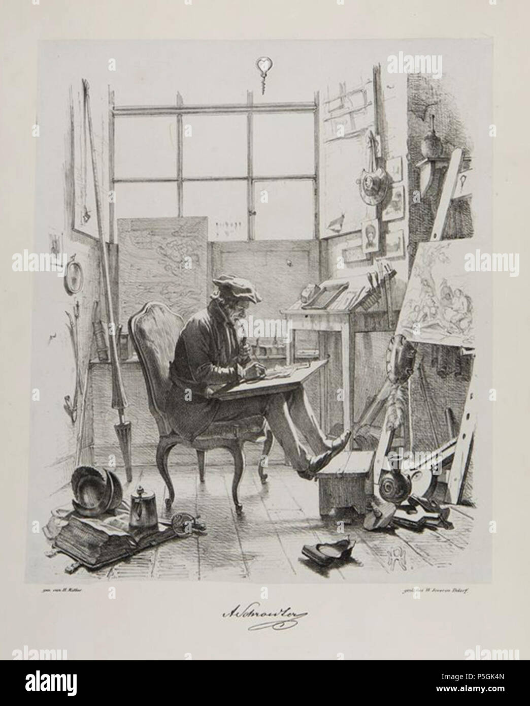 61 Adolf Schrödter dans seinem Atelier "Don Quijote, Sancho Panza und malend", Wilhelm Camphausen dans Schattenseiten der Düsseldorfer Maler, 1845 Banque D'Images