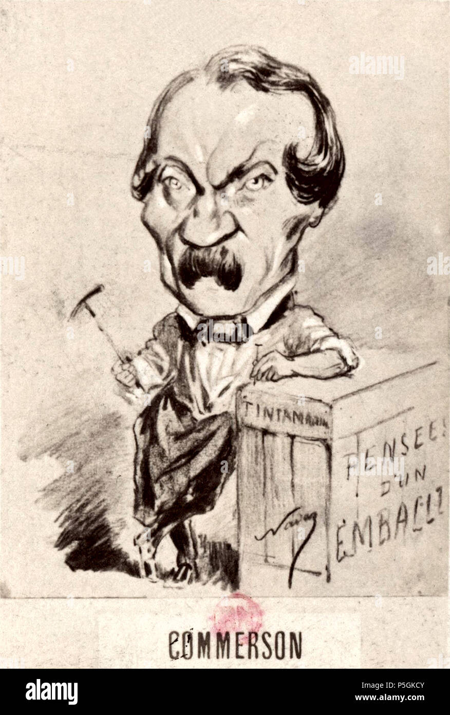 English : [Caricature de Commerson pour le Panthéon Nadar] : [photographie, tirage de démonstration] / [Atelier Nadar]. . Anglais : Caricature de Jean-Louis-Auguste Commerson (1802-1879) mentionnant son journal Le Tintamarre et son livre Pensées d'un emballeur. . 1900. N/A 372 Tintammarre Commerson Nadar Banque D'Images