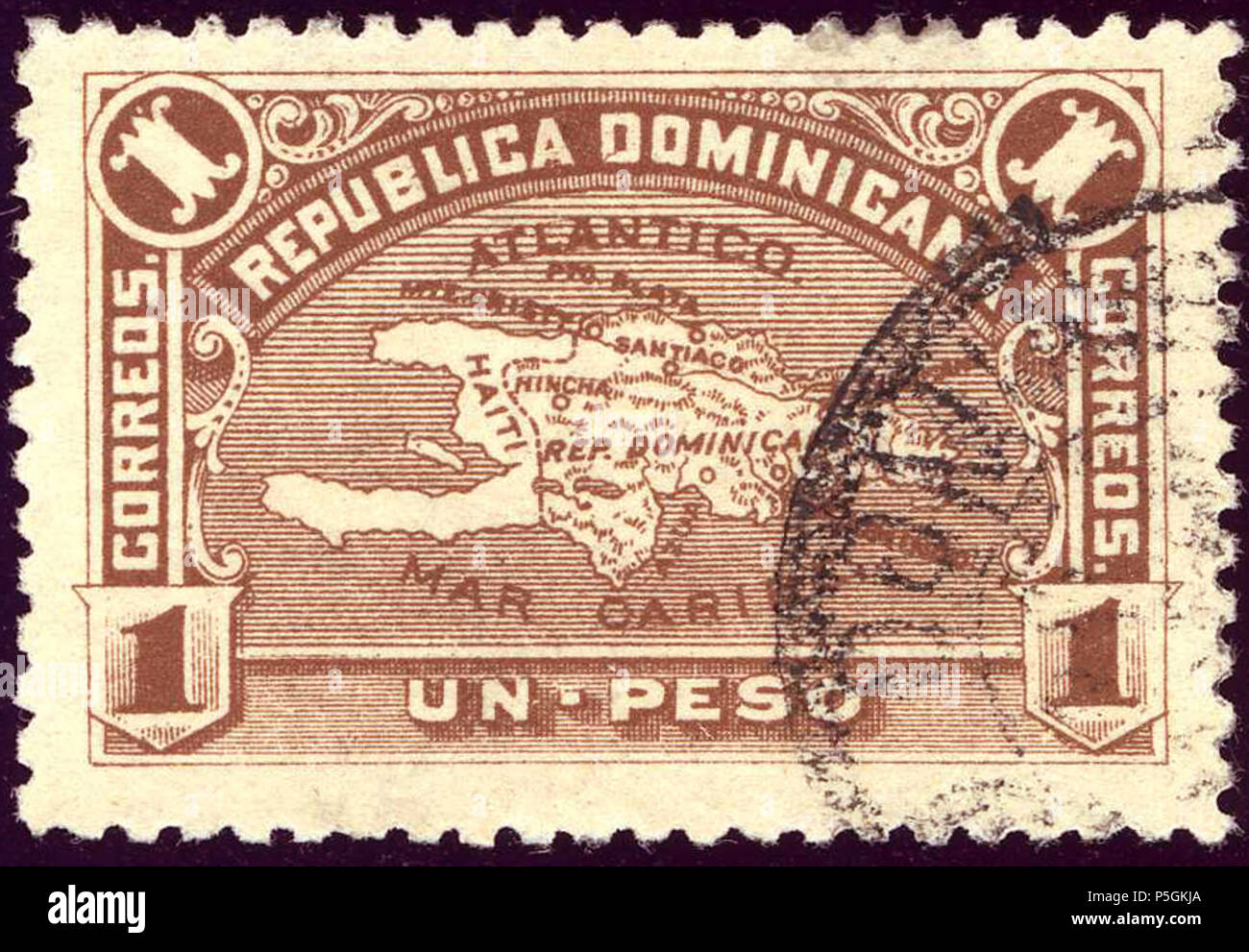 N/A. Anglais : Un timbre Peso de la République dominicaine, numéro 1900, utilisé. Michel N°92. 21 octobre 1900 (2018-04-21). Hamilton Bank Note Co 311900 Peso 1MI92 RepDominicana Banque D'Images