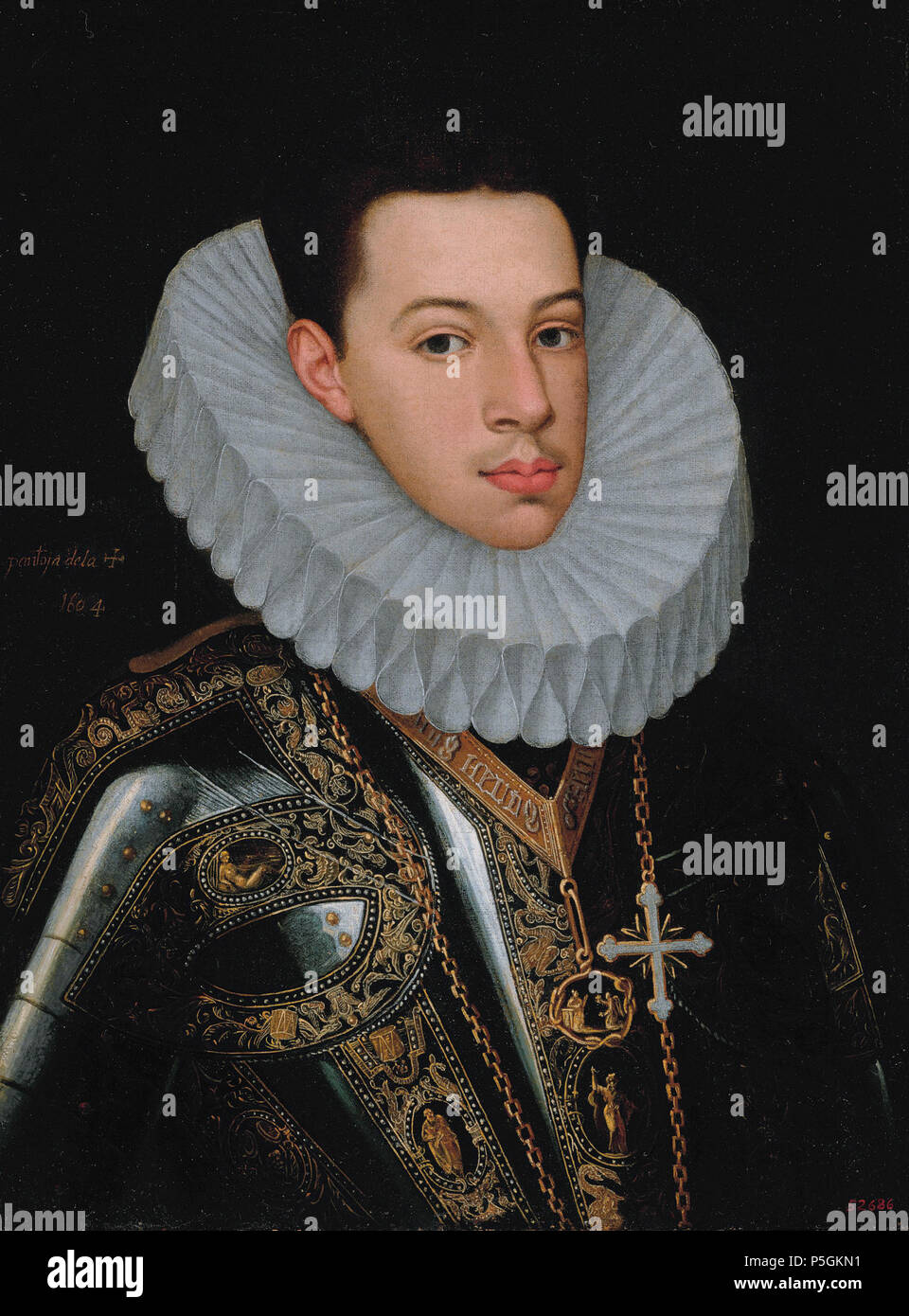 N/A. Anglais : Portrait du Prince Felipe Emmanuele de Savoie (1586-1605), demi-longueur, portant les insignes de l'ordre de l'Annunziata et Saint Lazare et Mauricius huile sur toile 63,2 x 46,8 cm. signé c.l. : pantoja de la +/1604 . 1604. Juan Pantoja de la Cruz (1553-1608) peintre espagnol Description Date de naissance/décès 1553 26 octobre 1608 Lieu de naissance/décès période travail Madrid Valladolid maniérisme lieu de travail de contrôle de l'autorité de Madrid : Q1380081 VIAF:28277043 ISNI:0000 0001 1612 1737 ULAN:500005552 RCAC:no98111389:WGA PANTOJA DE LA CRUZ, Juan Felipe Emmanuele WorldCat 552 o Banque D'Images