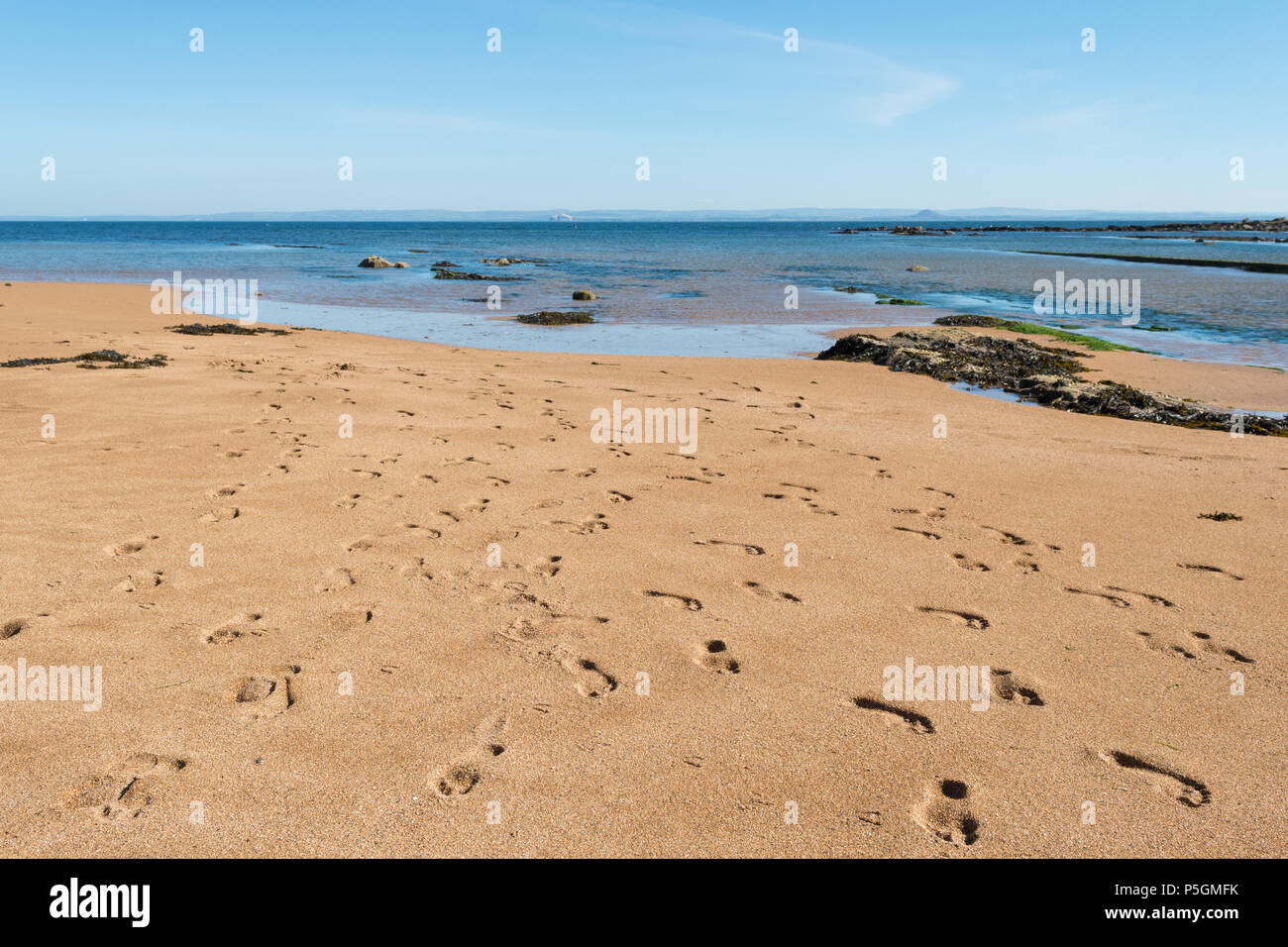 Un bon nombre d'empreintes de pas sur une plage écossaise - plage Anstruther, Fife, Scotland, UK Banque D'Images