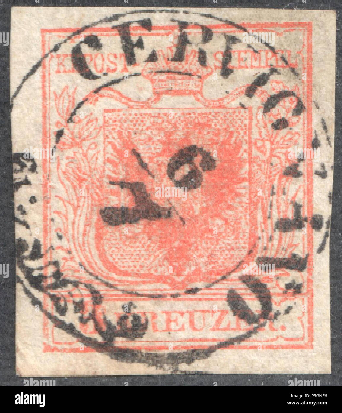 N/A. Anglais : Autriche 3 Kreuzer 1850 type Ib, papier vergé, 'cachet' CERVIGNANO. Deutsch : Österreich 1850 3 kreuzer, gestäbtes Handpapier Ib Typ. 'CERVIGNANO'. Müller : cachet de type 405a f-RDb (8) . 1850. Poster de l'Autriche Autriche 1850 153 Ib 3Kr papier vergé CERVIGNANO Banque D'Images