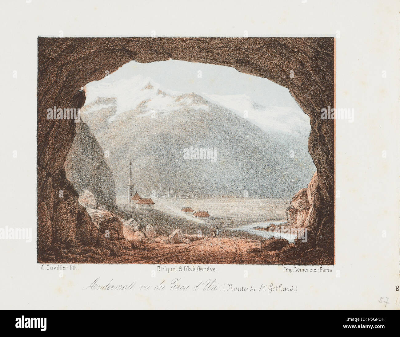 N/A. Andermatt vu du trou d'Uri (Route du Saint Gothard) ; Souvenirs de la Suisse ; [recto] liens unten : A. Cuvillier lith. [Oben Mitte] : Briquet & fils à Genève. [156] unten : Imp. Lemercier, Paris [oben Mitte] : Andermatt vu du trou d'Uri. (Route du Saint Gothard.) [156] : 2 unten[recto unten rechts mit Bleistift ist] : 57 ; Andermatt, Gesamtansicht von Norden. Urnerloch . après 1861. Cuvillier, [Adam] ou [Adrien] ou [Adolphe] [290] LithografIn CH-NB - Andermatt vu du trou d'Uri (Route du Saint Gothard) - collection Gugelmann - GS-GUGE-31-118 Banque D'Images