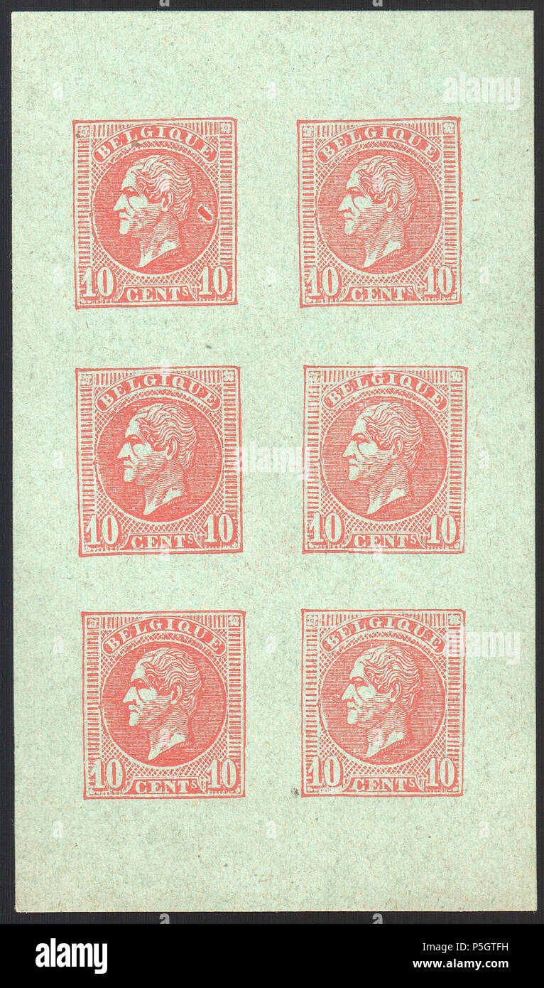 N/A. Français : Belgique 1865-1866 10c Leopold I essais par Charles Wiener. Bloc de six, carmine sur papier vert, ungummed. Entre 1865 et 1866. Charles Wiener 184 Belgique 1865-1866 10c Leopold I essais par Charles Wiener carmine Banque D'Images
