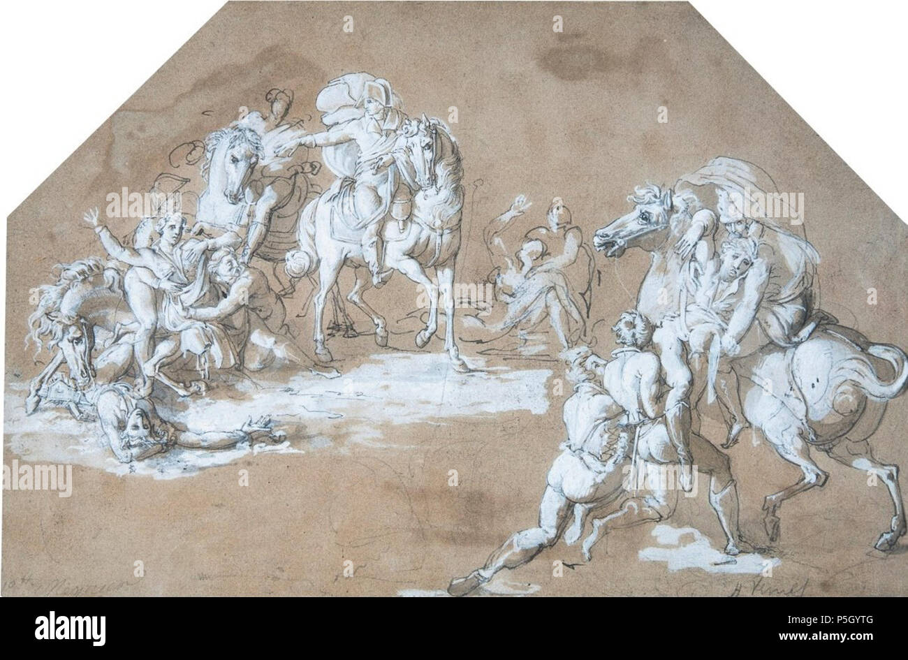 N/A. Anglais : Napoléon à cheval au cours d'une bataille par Antoine-Charles-Horace Vernet, Carle Vernet, appelé plume et encre noire et lavis rehaussée de blanc sur fond noir de la craie, 265 par 400 mm . Antoine-Charles-Horace Vernet, Carle Vernet 3 appelé 'Napoléon à cheval au cours d'une bataille' par Carle Vernet, plume et encre noire Banque D'Images