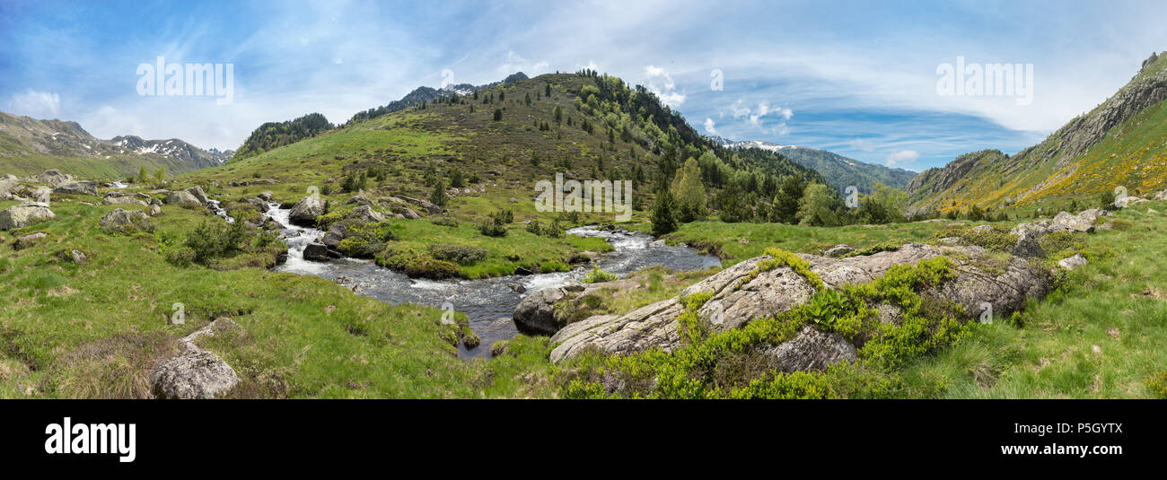 Vue panoramique d'une section du ruisseau le Rieutort qui coule dans la vallée de l'étang de Laparin, prise près du GR10 randonnée à pied. Banque D'Images