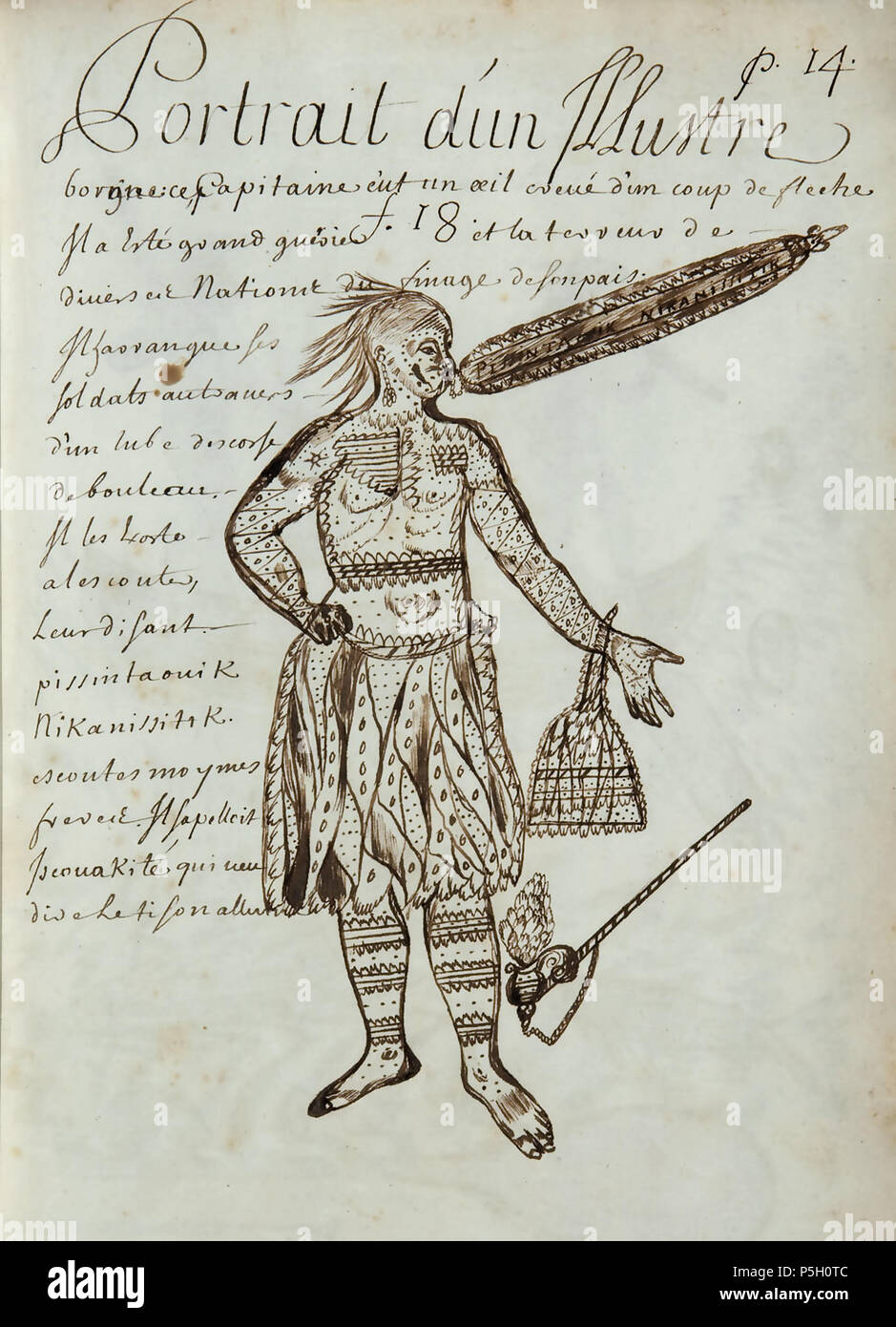 N/A. English : Codex canadensis, p. 14 Portrait d'un illustre / borgne : ce capitaine est un oeil crevé d'un coup de fleche / Il a esté grand guerrier et terreur de / diverses nations du linage de son pais. / Il hasrangue / ses soldats autravers / tube d'un descorse / de bouleau. / Il les exorte / une lescouter /, leur disant / pissintaouik Nikanissitik /. / Escoutes moy mes / freres. Il sapelloit / Iscouakité / qui veut dire le tison allumé. Selon Rémi SAVARD, anthropologue retraité de l'enseignement, Département d'anthropologie, Université de Montréal, il pourrait s'agir de Paul Tessouat. Sava Banque D'Images