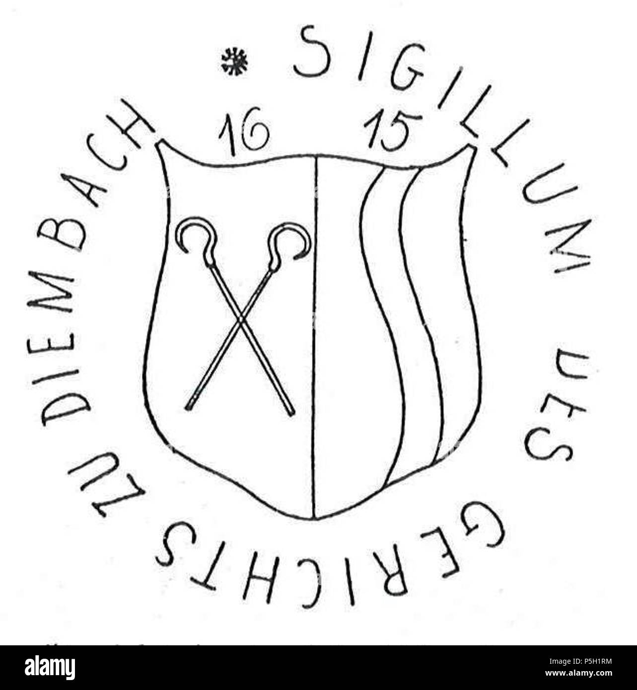 N/A. Deutsch : Gerichtssiegel von 1615, Dimbach, 'Gespalten ; vorne zwei gekreuzte, Abtsstäbe Wellenpfahl Tingierung ; ein hinten unklar . 1 octobre 2016. Inconnu 12 1 Gerichtssiegel 1615 Dimbach Banque D'Images