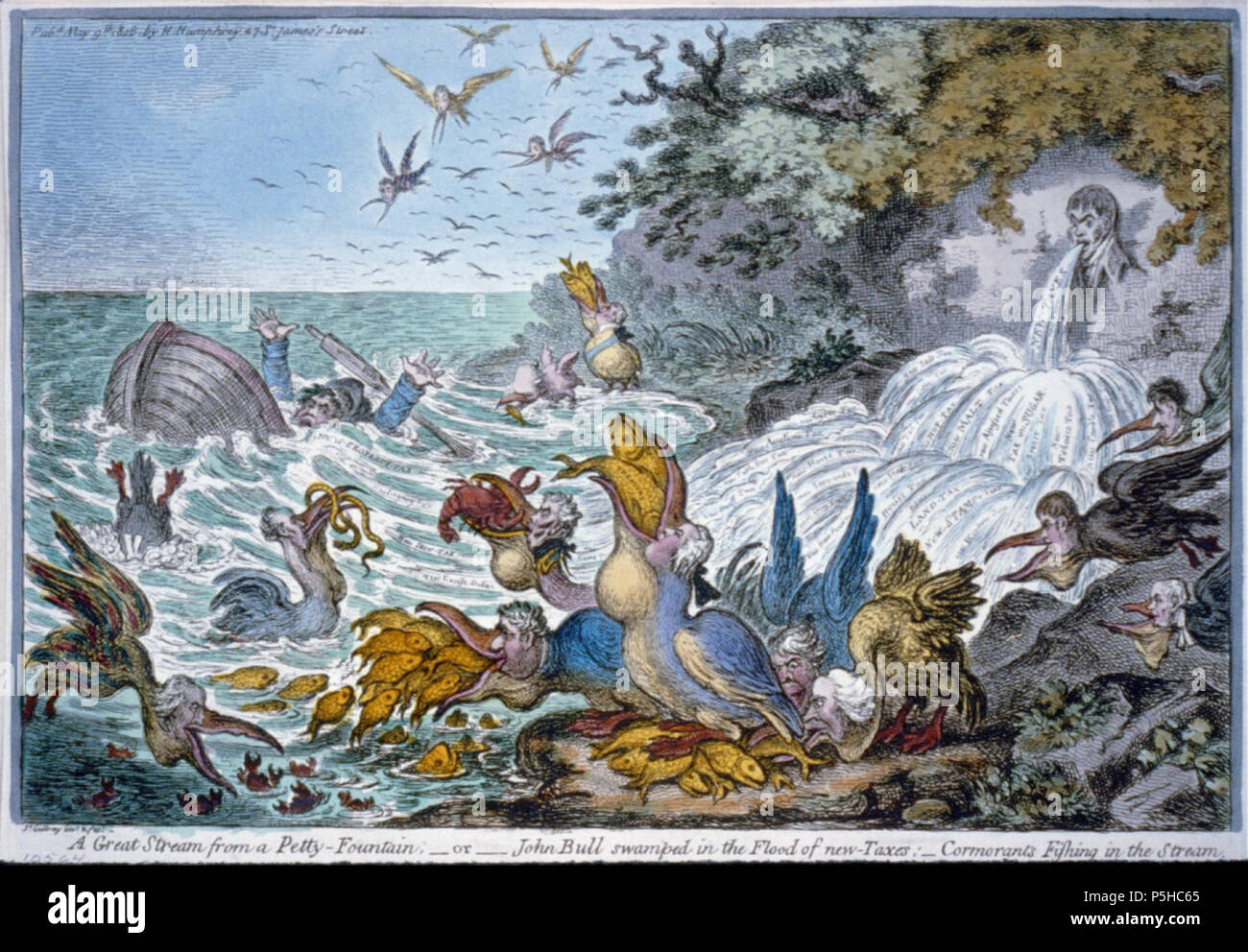 Gravure Originale De 1806 – J. Gillray – Taxes Sur Le Poisson – Satire Anglaise – Colorée à La Main