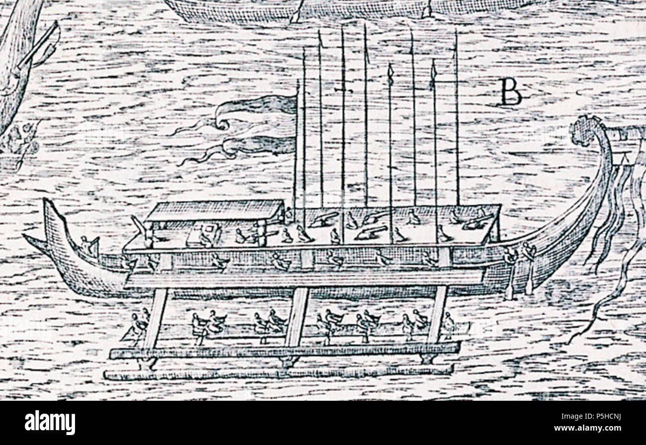 N/A. Anglais : un grand outrigger prahu, un artisanat indonésien d'un type qui peut avoir été utilisés pour traverser le sud de l'Océan Indien à Madagascar. Ci-dessous : UN rebbelib micronésiennes stick carte utilisée pour enseigner et d'enregistrer les modèles de houles de l'océan pour une utilisation en plein océan, la navigation ; les coquilles indiquent îles. Partie supérieure : CAMBRIDGE UNIVERSITY LIBRARY (BRY, INDE ORIENTALIS, IV, 1601) ; PLUS FAIBLE : BRITISH MUSEUM . 1601. Inconnu 44 Un grand outrigger prahu Banque D'Images