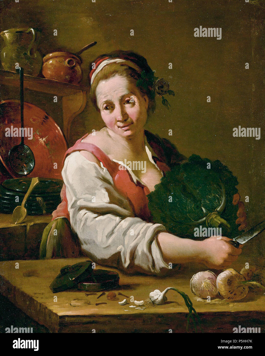 N/A. Anglais : Un cuisinier dans une cuisine huile sur toile 77 x 65 cm. signé b.r. : D. Ollivero f. . Avant 1755. Créateur:Pietro Domenico Olivero 43 cuisinière dans une cuisine, par Pietro Domenico Olivero Banque D'Images