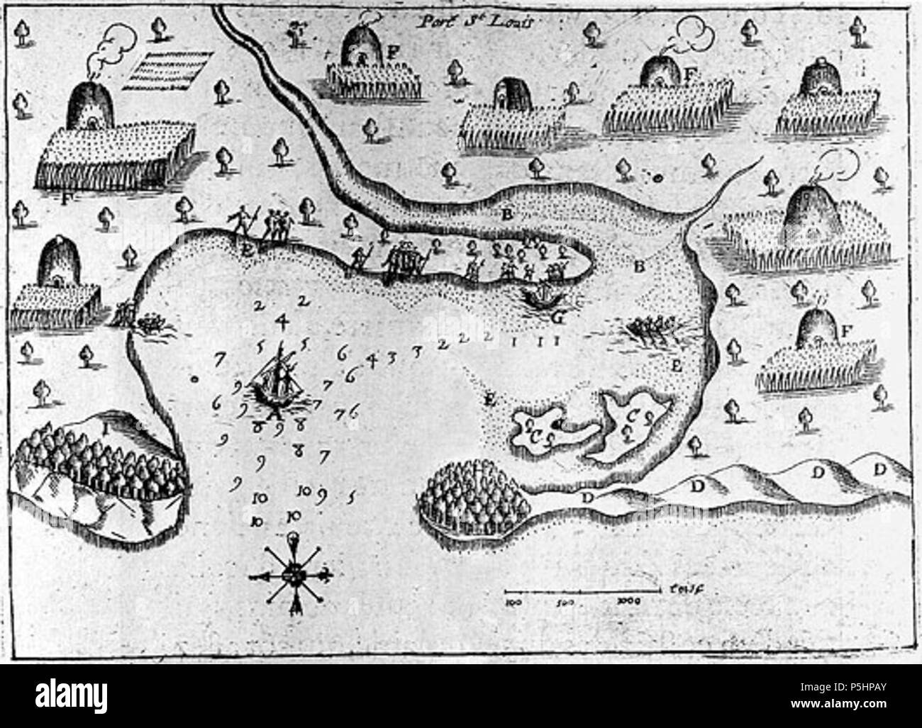 N/A. Anglais : Carte dessinée par Samuel de Champlain de port de Plymouth en 1605 montrant les habitations autochtones English : carte dessinée à la main . 25 mai 2005. Samuel de Champlain Champlain 323 Plan de port de Plymouth Banque D'Images