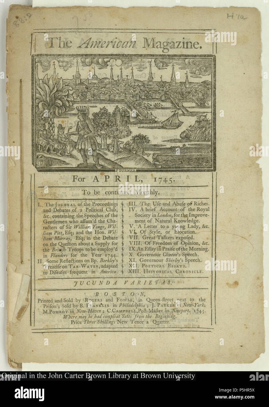 N/A. Anglais : Source Titre : Le magazine américain. Pour Avril, 1745. Lieu de publication Source : Boston. Source : imprimé et vendu par Gamaliel Rogers et Daniel Fowle ... B. Franklin ... J. Parker ... M. Pomroy ... C. Campbell. "Le magazine américain et chronique historique a commencé à publier en 1743 avec James Turner's view of Boston à partir de l'extrémité nord de Fort Hill comme son casque. Le Faneuil Hall nouvellement construit est inclus dans cette vue. L'Indien et le palmier avait été symboles de la colonie du Massachusetts depuis le 17e siècle et est apparu sur les premières pièces de monnaie et pap Banque D'Images