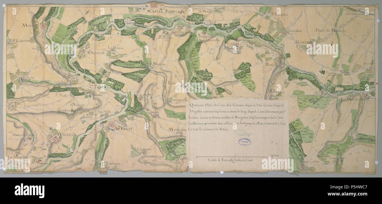 N/A. Carte du cours de la Garonne, en 8 feuilles, par Hippolyte Matis De Mas Garnier au Majester . L'année 1716. Hippolyte Matis cartographe français Description lieu de travail France 394 De Mas Garnier au Majester Banque D'Images
