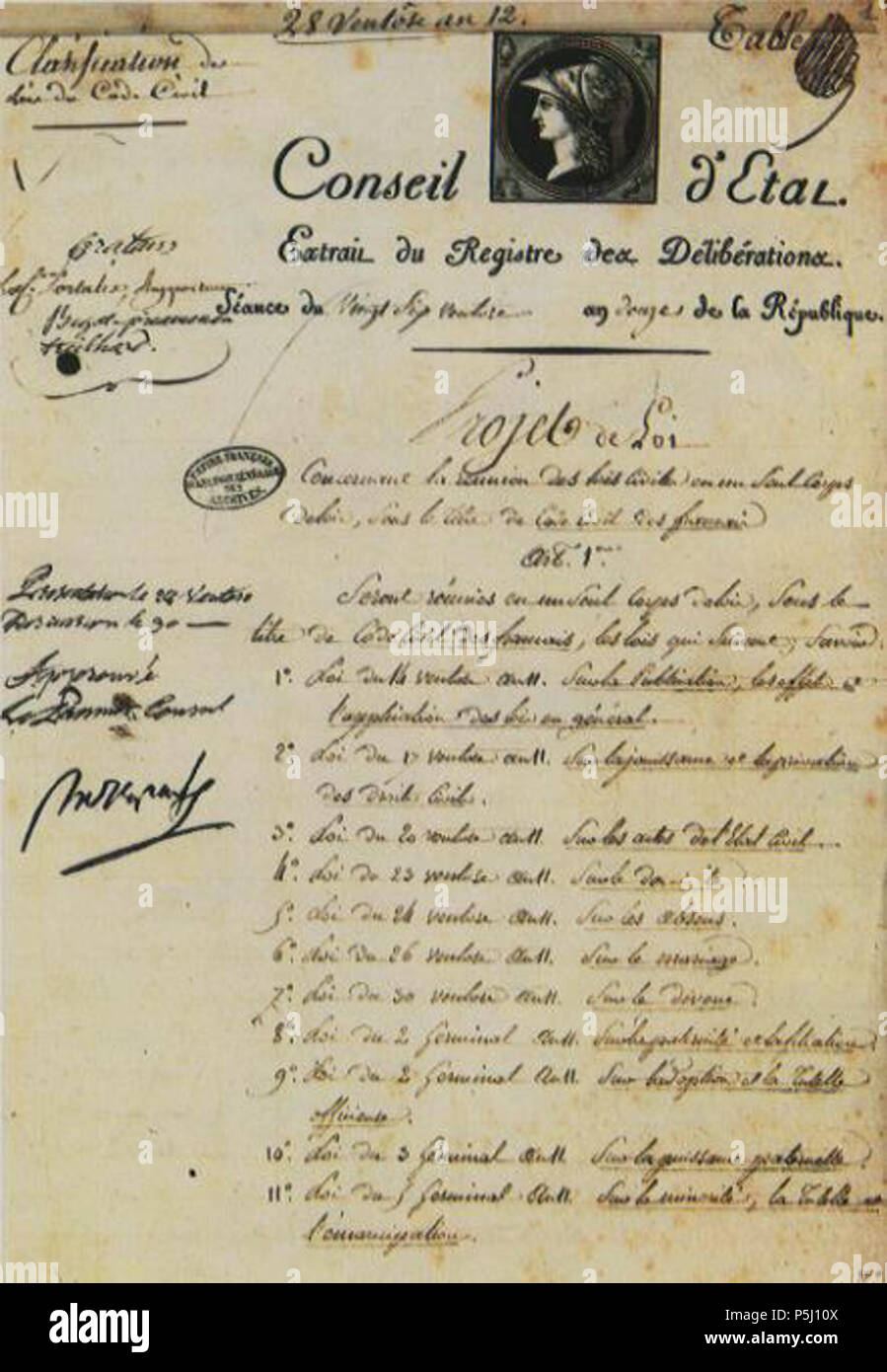 N/A. English : Projet de loi concernant la réunion des lois civiles en un seul corps de lois, sous le titre de Code civil des français . 19 mars 1804. Napoléon 57 acte de promulgation du Code Civil Banque D'Images