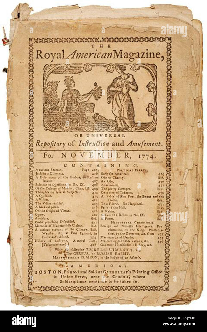 N/A. Le magazine américain Royal, novembre 1774. Boston. 1774. 25 novembre 1774 Joseph Maria-tagada RoyalAmericanMagazine Banque D'Images