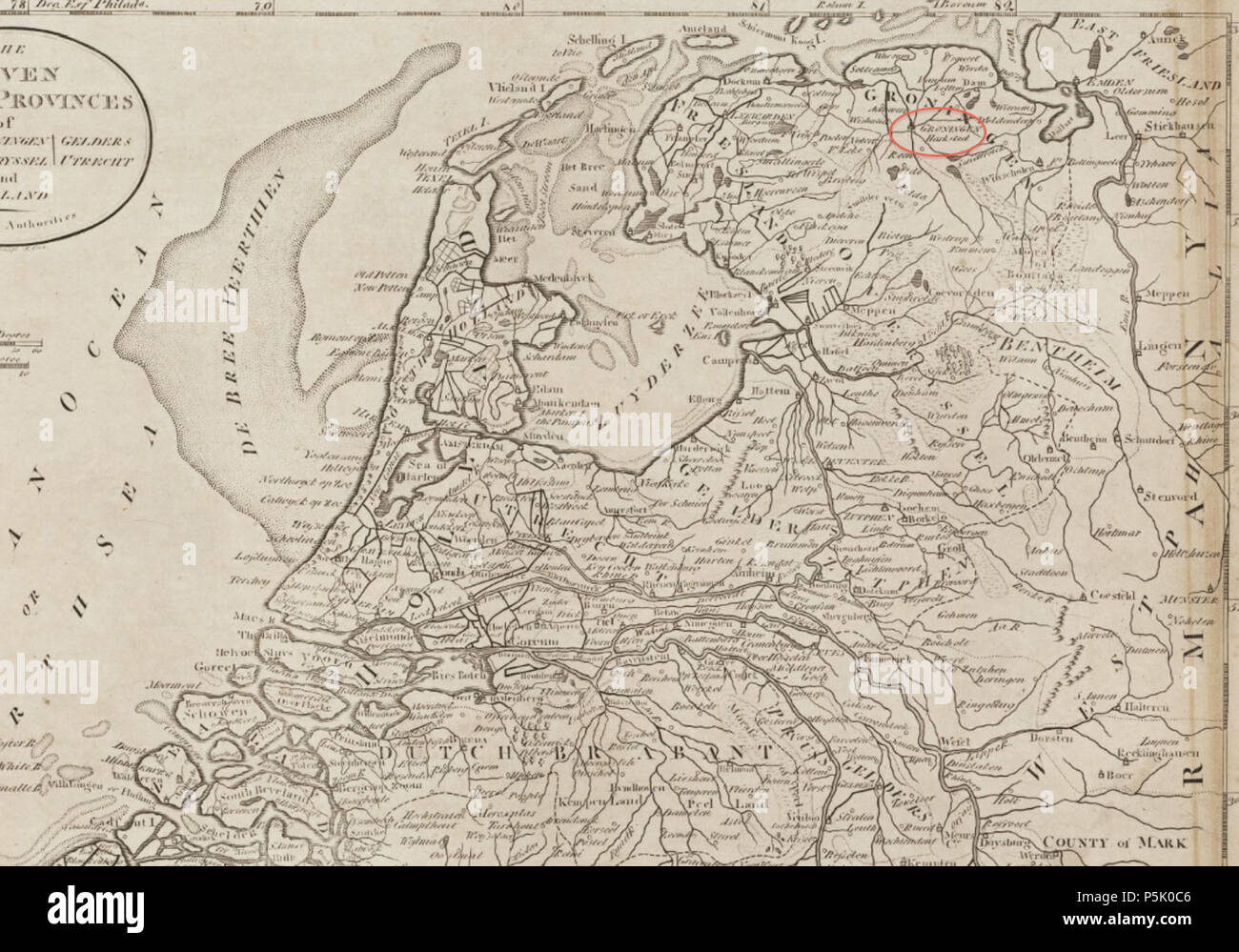 271800 Groningen détail de la carte des sept Provinces des Pays-Bas, Groningen, Gelders, Frise, Overyssel, Utrecht et Nouvelle-zélande par Carey le BPL 12323 Banque D'Images