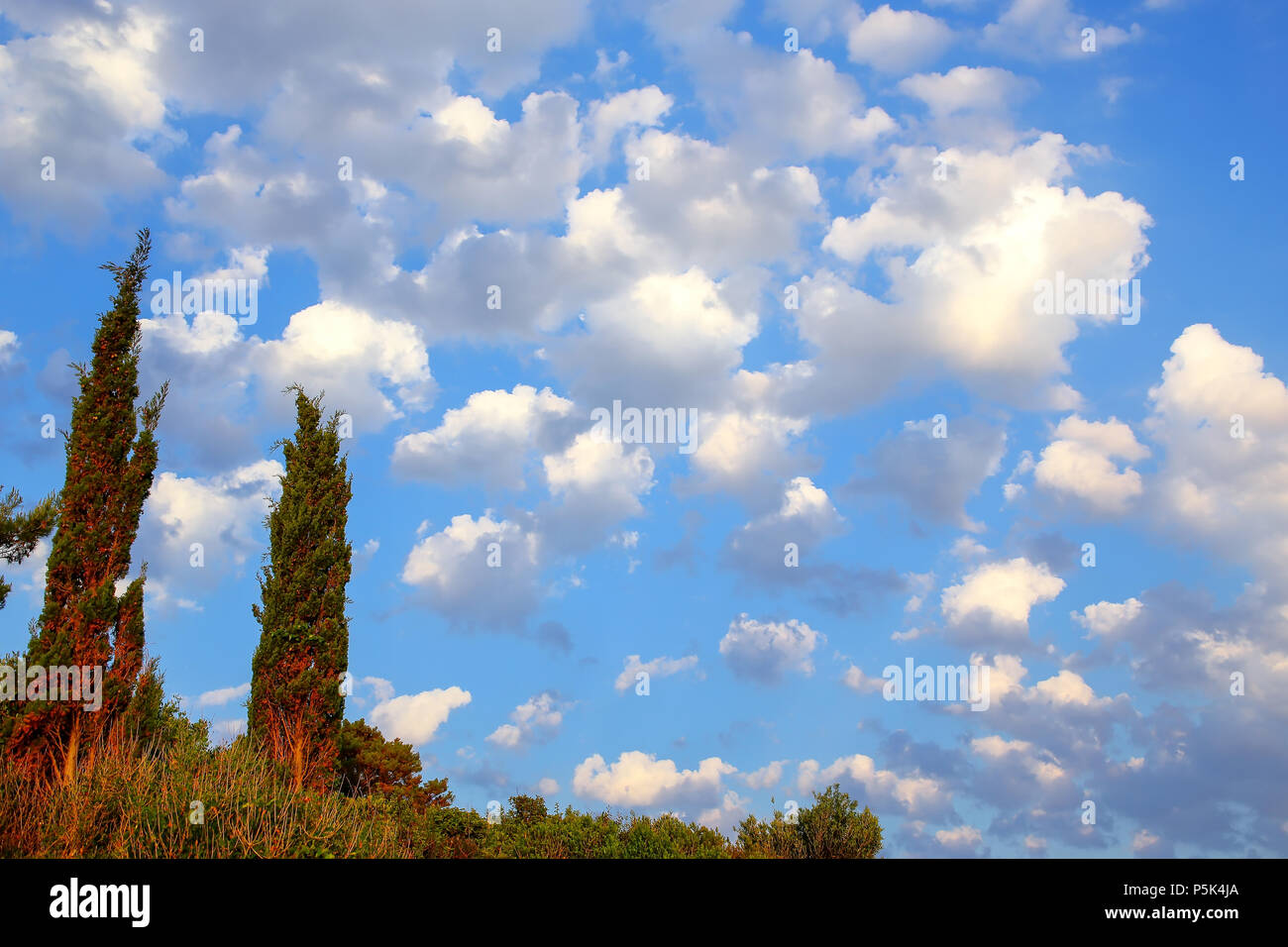 Les nuages blancs moelleux au-dessus de la colline dans la ville de Korcula, Croatie Banque D'Images
