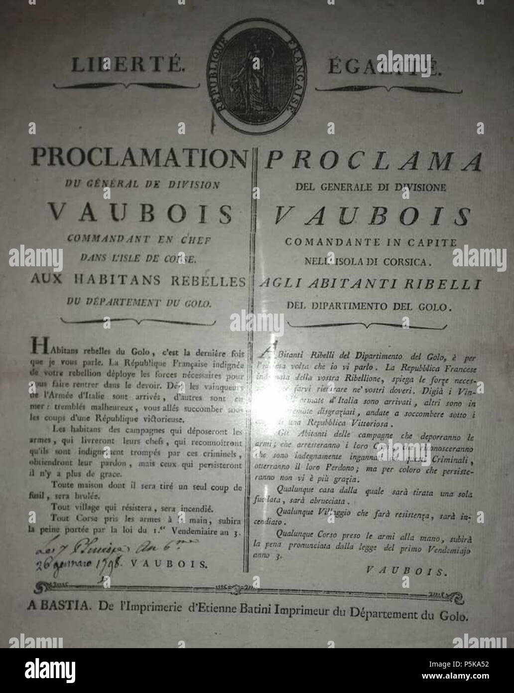 N/A. Italiano : proclamation agli abitanti ribelli del Golo - Vaubois - 1798 . Claude Henri de Belgrand de Vaubois 70 Ai ribelli del Golo - Vaubois Banque D'Images