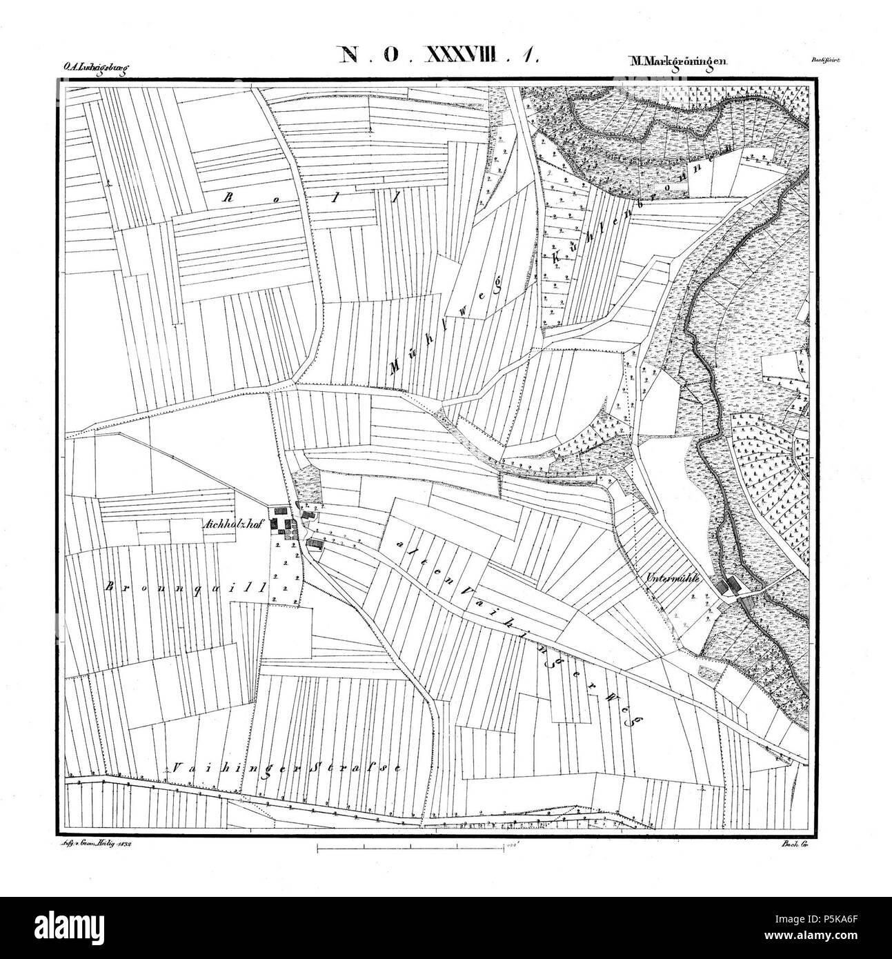N/A. Deutsch : Aichholzhof auf der Markgröninger Urflurkarte Kartenblatt von 1832 NO XXXVIII 1, stand 1832, Bild 1. Zu sehen ist der Aichholzhof, mourir, mourir, Casa Alpina Talhausen Untere Mühle, alles auf Markgröninger Gemarkung. Zusätzlich sind die Gewanne (Brunnquill Bronnquill), Eichholzer Feld, Lehle, Mühlberg, Rouleau, Mühlweg, Alte Vaihinger Weg und Vaihinger Straße und Kühlenbronnen aufgeführt. 1832. Statistisch-Topographisches Bureau des Königreichs Wurtemberg 70 Aichholzhof UFK 1832 landesarchiv-bw.de Banque D'Images