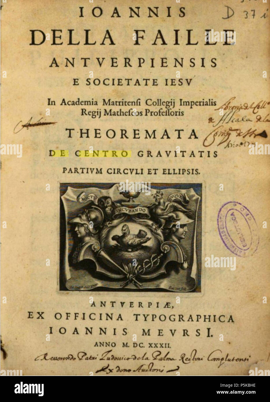 Anglais : Frontispice du livre grauitatis Theoremata de centro partium circuli et suspension par Jean-Charles della Faille 1632. N/A 81 Alexander Voet, Peter Paul Rubens - Frontispice de Theoremata de centro grauitatis partium circuli et suspension Banque D'Images