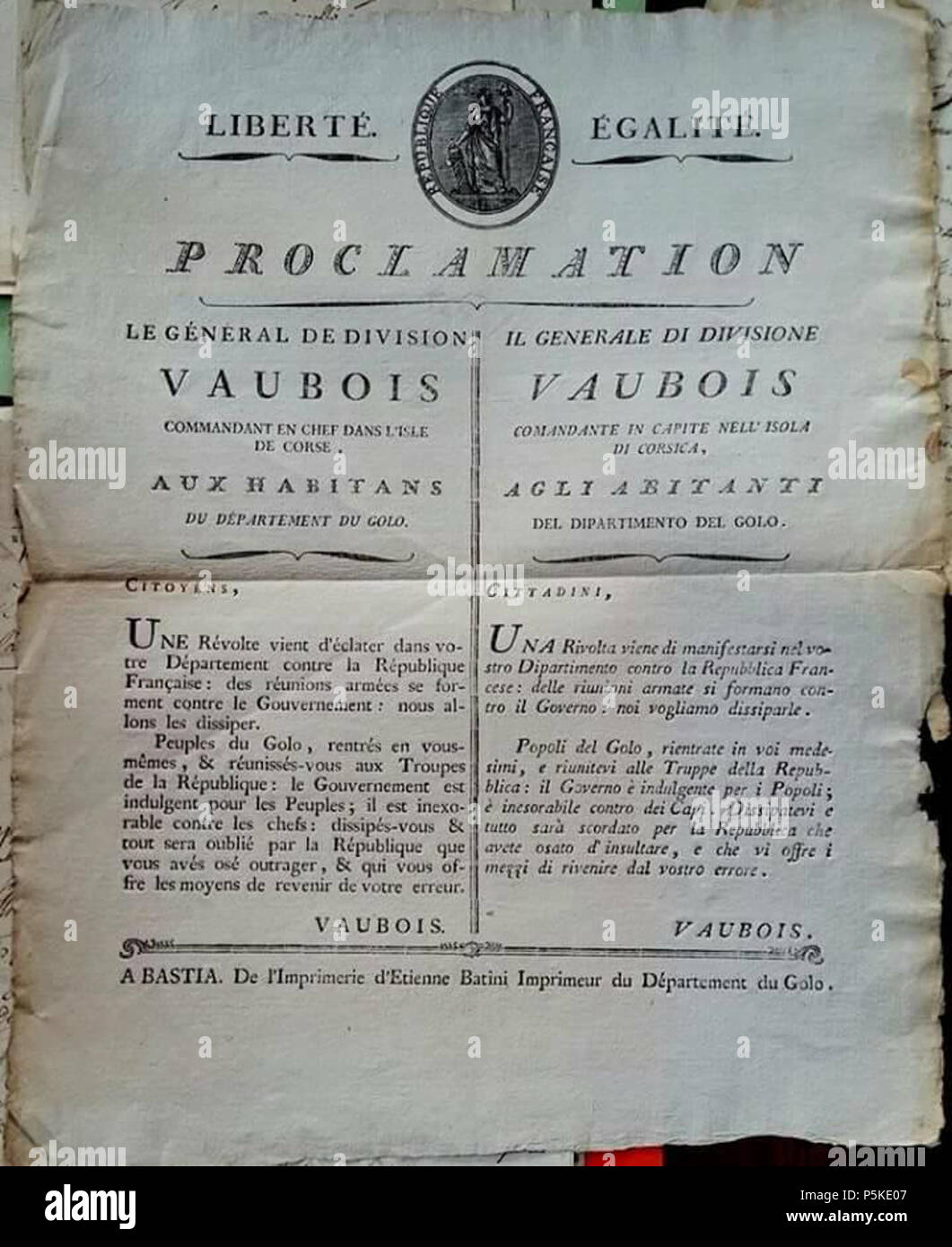 N/A. Italiano : proclamation agli abitanti del Dipartimento del Golo - 1798 . 1798. Claude Henri de Belgrand de Vaubois 69 Agli abitanti del Golo - Vaubois 1798 Banque D'Images