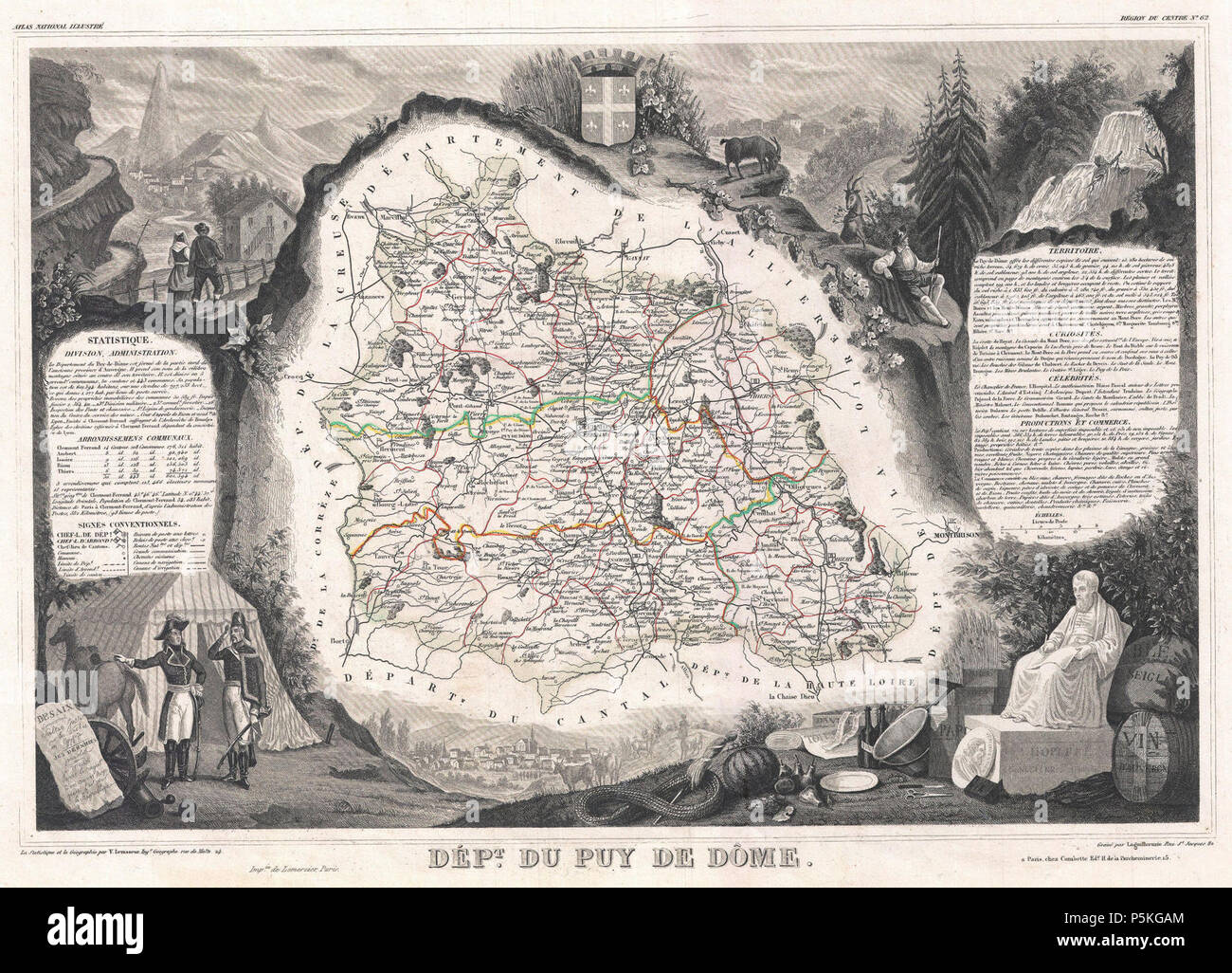 1852 Carte Levasseur du département du Puy de Dôme, France - Geographicus - PuyDeDome-levasseur-1852. Banque D'Images