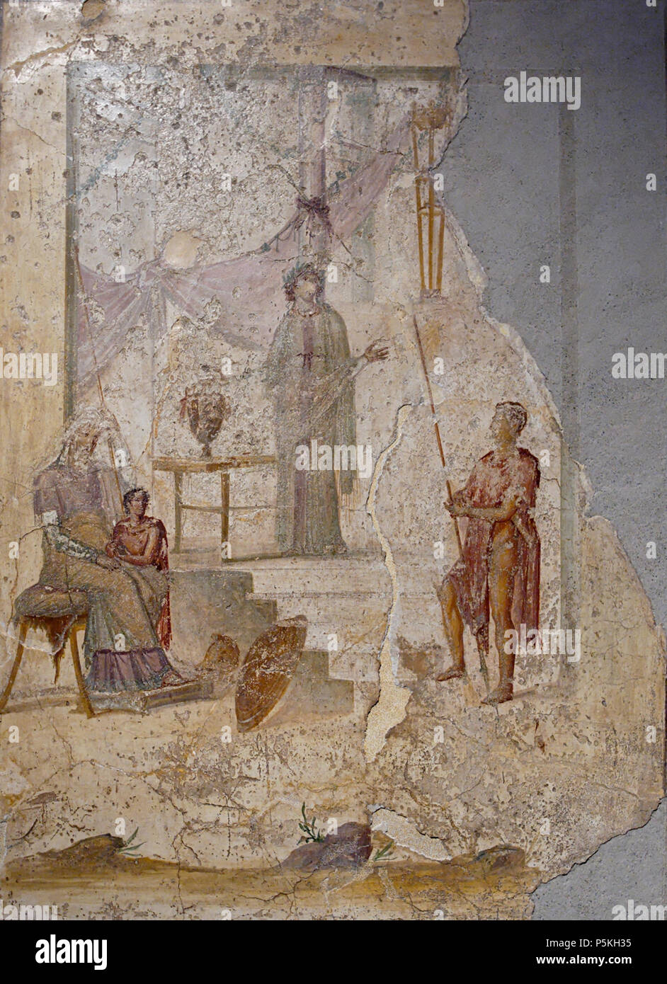 N/A. Italiano : Vaticinio di Cassandra, Museo Archeologico Nazionale di Napoli (inv. n° 8. 111476), fresque da Pompéi (I, 2, 28), III stile Michael Wagner (1-50 d.C.). Anglais : Cassandra (centre) tirage au sort de sa main droite prédit la chute de Troie en face de Priam (assis, à gauche), Paris (maintenant la pomme de la discorde) et un guerrier s'appuyant sur une lance, vraisemblablement Hector. De la maison de la grille métallique (I, 2, 28) dans la région de Pompéi. English : Cassandre (au centre) tire les sortes de la main droite et prédit la chute de Troie devant Priam (assis, à gauche), Pâris (qui tient la pomme de Dis Banque D'Images