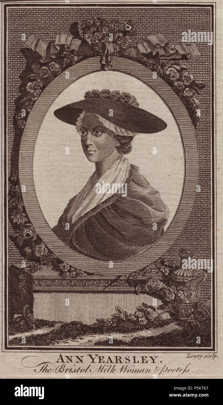 Ann Yearsley (1753 - 1806), le "ilkwoman & poétesse." Ann était un piètre laitière à partir de Bristol jusqu'à découvert par le célèbre écrivain aristocrate Hannah More, qui l'a encouragée à écrire et lui a fait publier un recueil de poèmes en 1785. Le succès du livre a causé un jaloux la rivalité entre les deux écrivains. Bristol était un port important dans le commerce des esclaves entre l'Afrique et les colonies britanniques, et en 1788, Ann a publié 'un poème sur l'Inhumanité de l'Slave-Trade.'. La gravure sur cuivre par Lowry. Banque D'Images