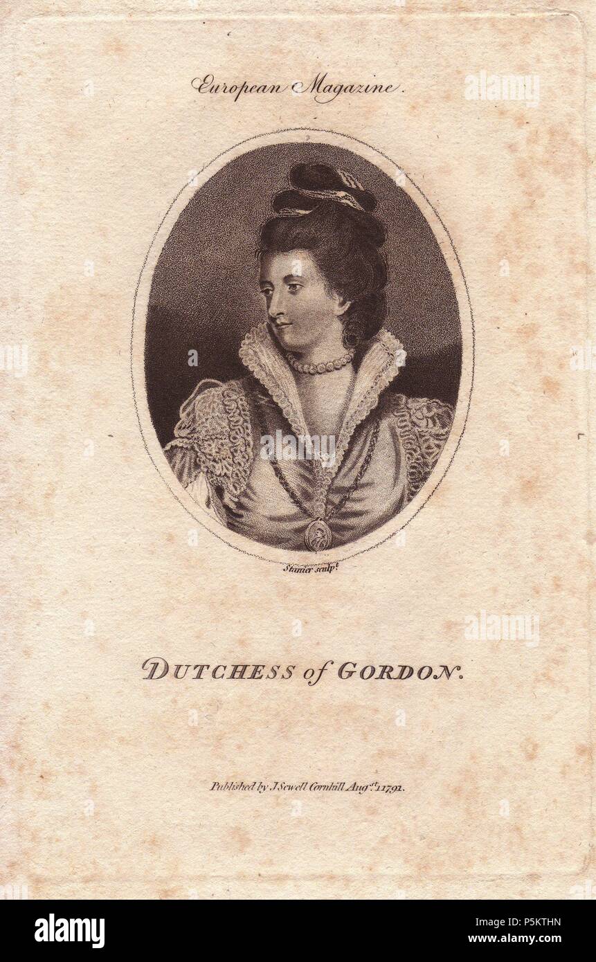 Lady Jane Maxwell (1749-1812), aristocrate écossais. Elle a épousé Alexandre, duc de Gordon, en 1767 et lui enfanta un fils et cinq filles.. La gravure sur cuivre par Sparrier du magazine européen de 1791. Banque D'Images
