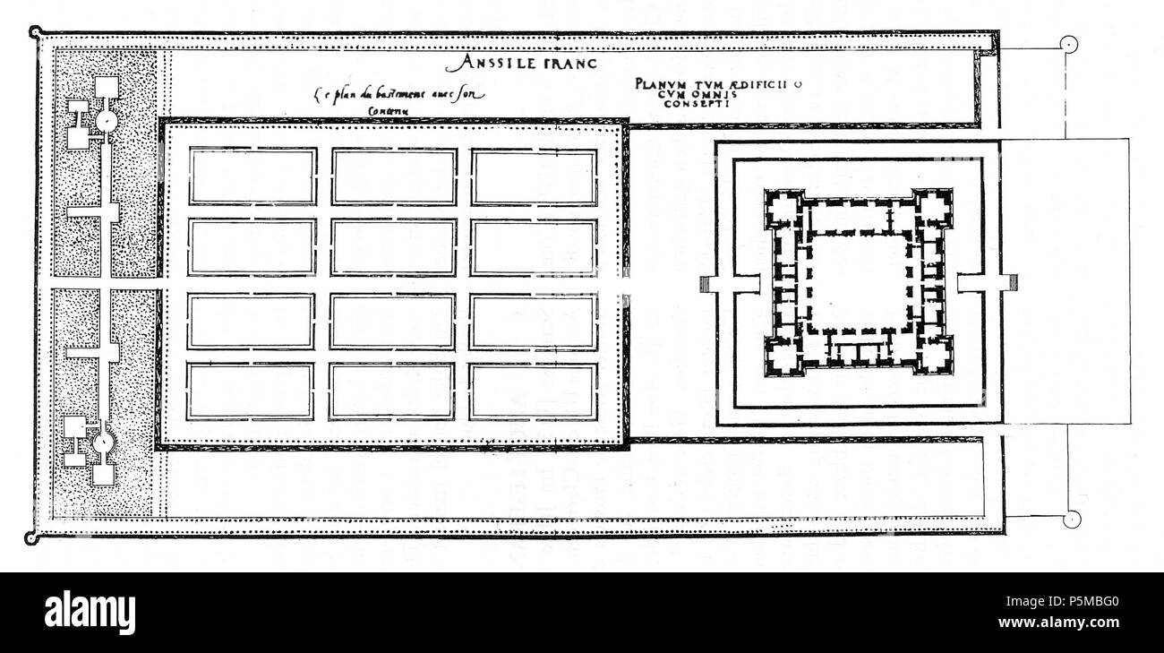 N/A. Deutsch : Grundriss des Schlosses Ancy-le-Franc, Stich aus dem 16. Jahrhundert. Anglais : plan du Château d'Ancy-le-Franc, la gravure du 16ème siècle français : Plan du parc et du château d'Ancy. 1576/79. Jacques I Androuet du Cerceau (1510-1585) Noms alternatifs Jacques Androuet Jacques Androuet du Cerceau, l'Ancien ; Jacques Androuet du Cerceau, Jacques Androuet DuCerceau Androuet Ducerceau ; Jacques, architecte français Description graveur et dessinateur de cuivre père de Baptiste Androuet du Cerceau père de Jacques II Androuet du Cerceau Date de naissance/décès 1510 ou 1512 Ja Banque D'Images