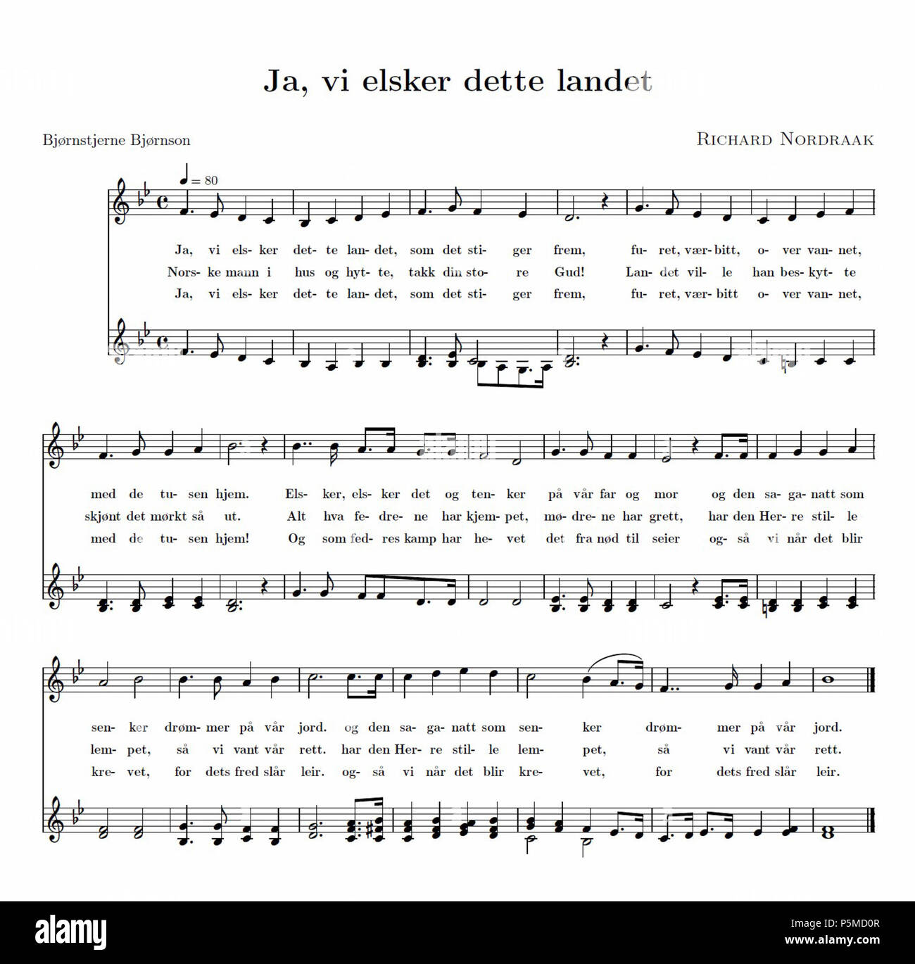 N/A. Anglais : Notes de l'hymne national de la Norvège en Si majeur. L'arrangement original par Rikard Nordraak en mi majeur peuvent être trouvés ici : fichier:Fedrelandssang ferdig.svg : . 1864. Rikard Nordraak 108 Hymne national de Norvège Banque D'Images