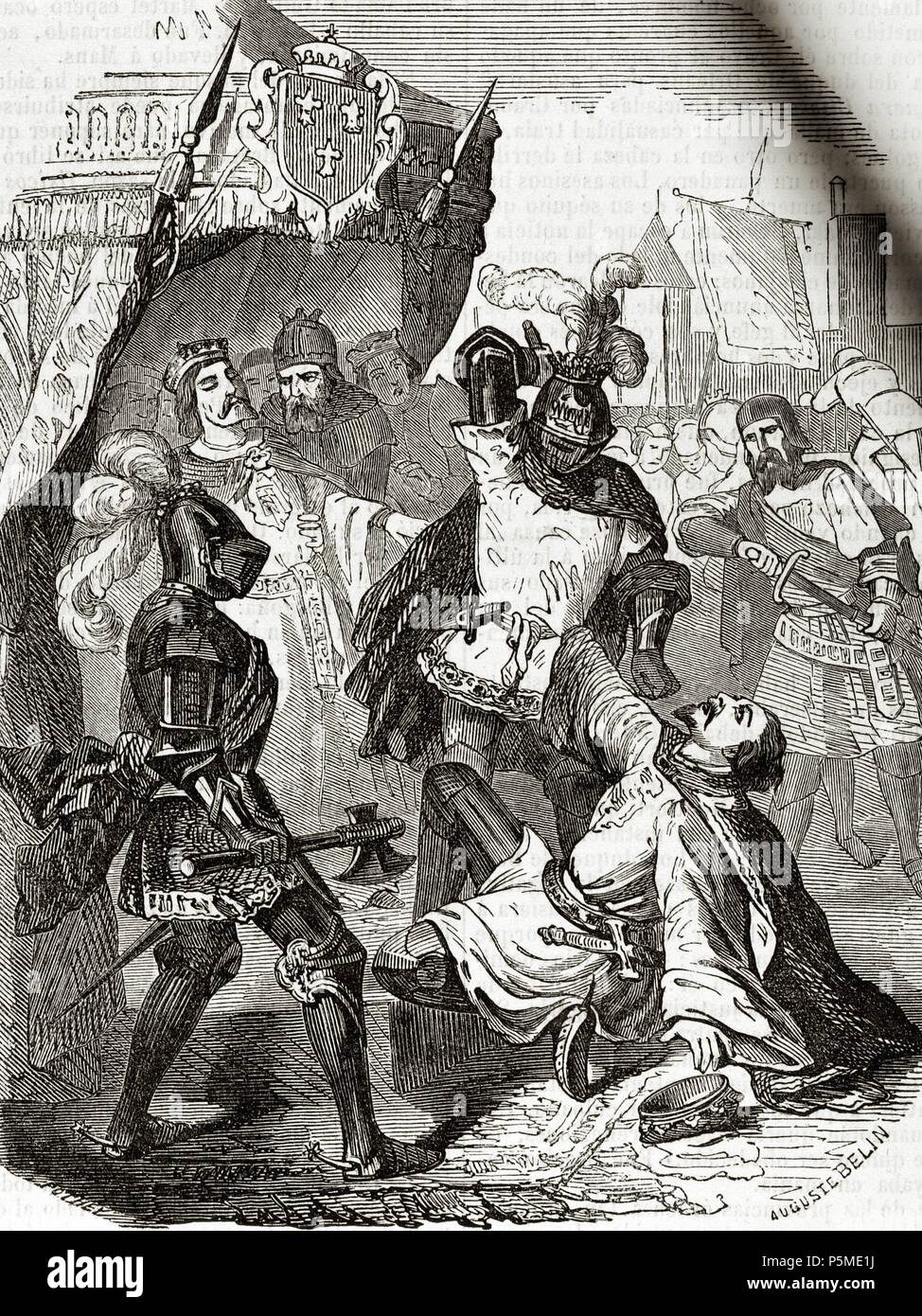 Charles le Téméraire (1433-1477). Assassinat du duc de Bourgogne sur le pont de Montereau. Gravure par Auguste Belin. Banque D'Images