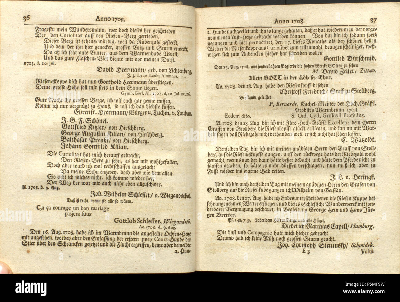 Buch von 1736 und Reisen : Vergnügte unvergnügte weltberuffene Riesen-Gebirge... auf das mit Anekdoten aus den Jahren 1696 bis 1737. Erscheinungsdatum Das ist mit 1736 angegeben, die Geschichten bis 1737, der Widerspruch ist nicht erklärbar. 221736-dietrich-brahn-reisen-auf-das-side-39 Banque D'Images