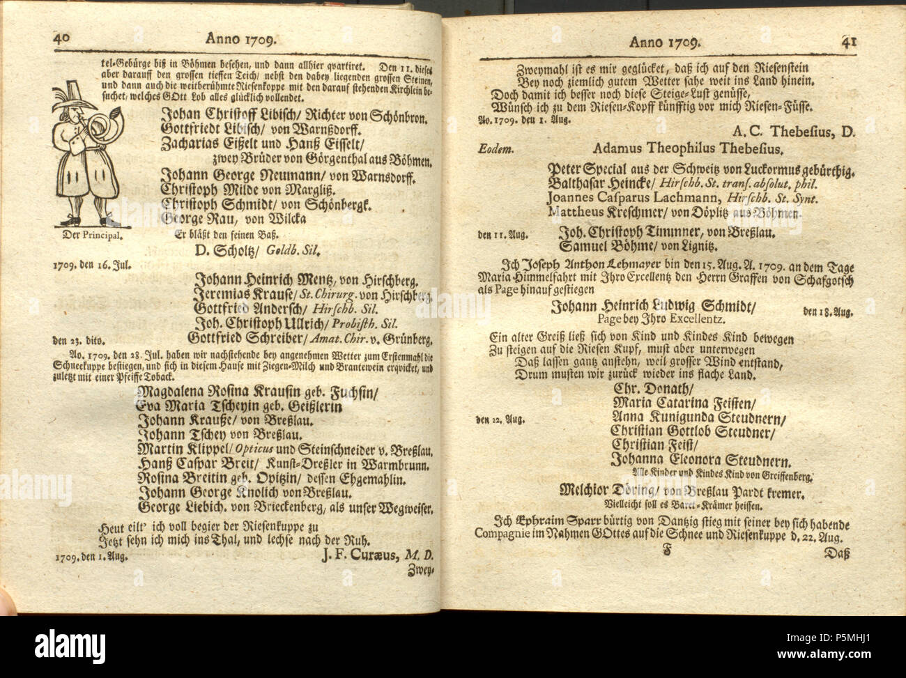 Buch von 1736 und Reisen : Vergnügte unvergnügte weltberuffene Riesen-Gebirge... auf das mit Anekdoten aus den Jahren 1696 bis 1737. Erscheinungsdatum Das ist mit 1736 angegeben, die Geschichten bis 1737, der Widerspruch ist nicht erklärbar. 221736-dietrich-brahn-reisen-auf-das-side-41 Banque D'Images