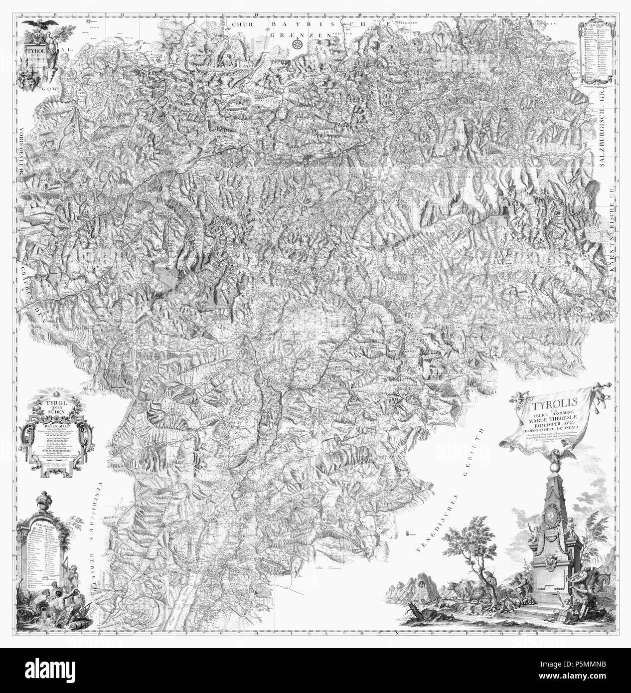 N/A. Légende originale : Tyrolis Mariae Theresiae sous felici regimine Rom. Imper. Un chorographice août delineata Petro Anich Hueber Colonis Blasio et oberperfussianis Curante Ignat. Weinhart professer. Math. en Univers. Oenipontana. L'AERI incisa une IOA. Erneste Viennae Mansfeld 1774 Deutsch : Atlas Tyrolensis von Peter Anich Hueber, 1774 und Blasius, Maßstab 1:103,800. Beschriftung : Tirol, unter der der Römischen Herrschaft glücklichen Kaiserin Maria Theresia, Augusta, chorographisch gezeichnet von Peter Anich Hueber, Oberperfusser Blasius und Bauern, unter der Aufsicht von Ignaz Weinhart, Professeur Banque D'Images