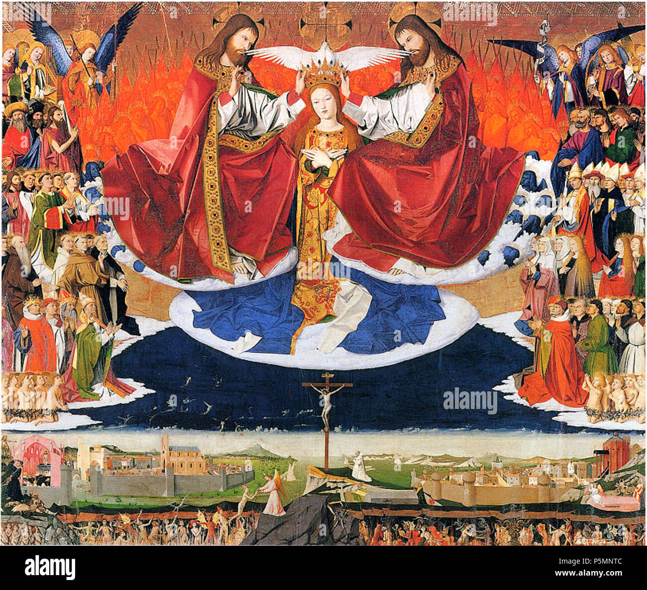 Deutsch : Marienkrönung, autel der Kartause zu Villeneuve-lès-Avignon. Anglais : Couronnement de la Vierge, l'autel de la Chartreuse de Villeneuve-lès-Avignon. Français : Le Couronnement de la Vierge, l'autel de la Chartreuse de Villeneuve-lès-Avignon. . Anglais : Dans ce tableau, Marie est couronnée par la Sainte Trinité. Exceptionnellement, Dieu le Père et Jésus sont indiqués comme étant identiques ou avec la même forme. Español : En este cuadro la trinidad santa corona a Maria. También demuestran Dios y el el padre Jesús como idéntico o con la misma forma. English : Dans ce tableau, la trinité sainte couronne Maria. Dém Banque D'Images