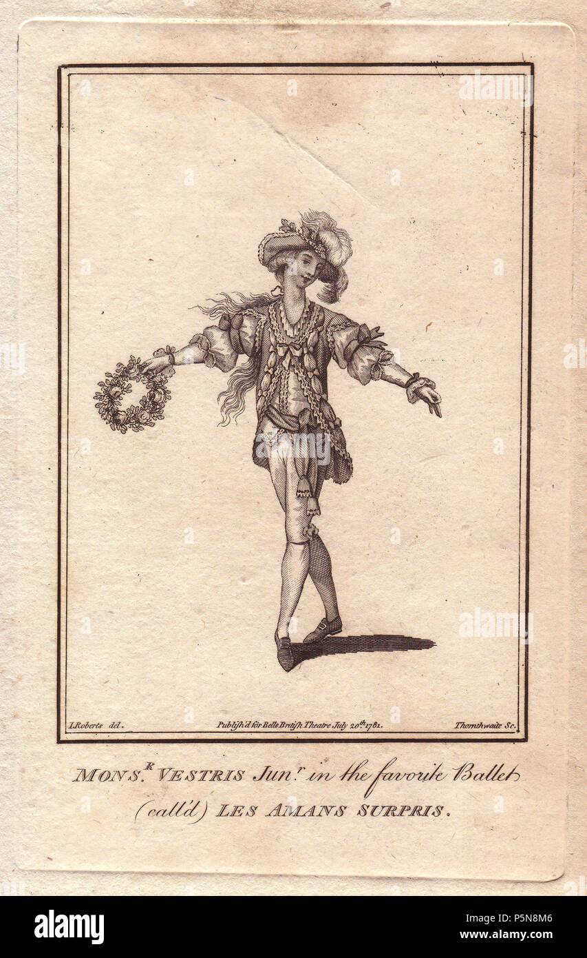 Monsieur Vestris junior dans le ballet 'Les Amans Surprenant,' 1781. Il porte un chapeau à plume, manteau beribboned, culottes et bas, et est titulaire d'une guirlande de fleurs.. . Auguste Vestris (1760-1842), fils illégitime de danseurs Gaëtan Vestris et Marie Allard, a fait ses débuts sur scène en 1772. Il a fait ses débuts à Londres dans le ballet grave Les Amans Surprenant, danse avec Giovanna Baccelli, étonné et "plus d'Angleterre par son agilité de sa grâce.". . La gravure sur cuivre d'une illustration de J. Roberts, gravée par Thornthwaite, de 'Bell's British theatre' 1781. Banque D'Images