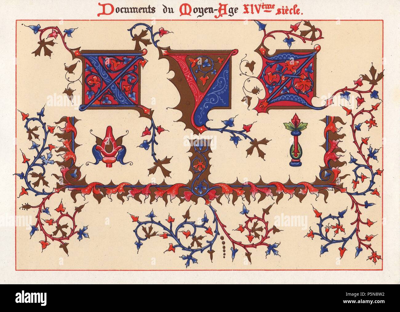 Allumé en alphabet, bordures décoratives à partir de la 14e siècle.. . Ernest Guillot 'l'ornementation des Manuscrits au Moyen-Age' (Ornementation de manuscrits du Moyen Âge), 1897, chromolithographie. Banque D'Images