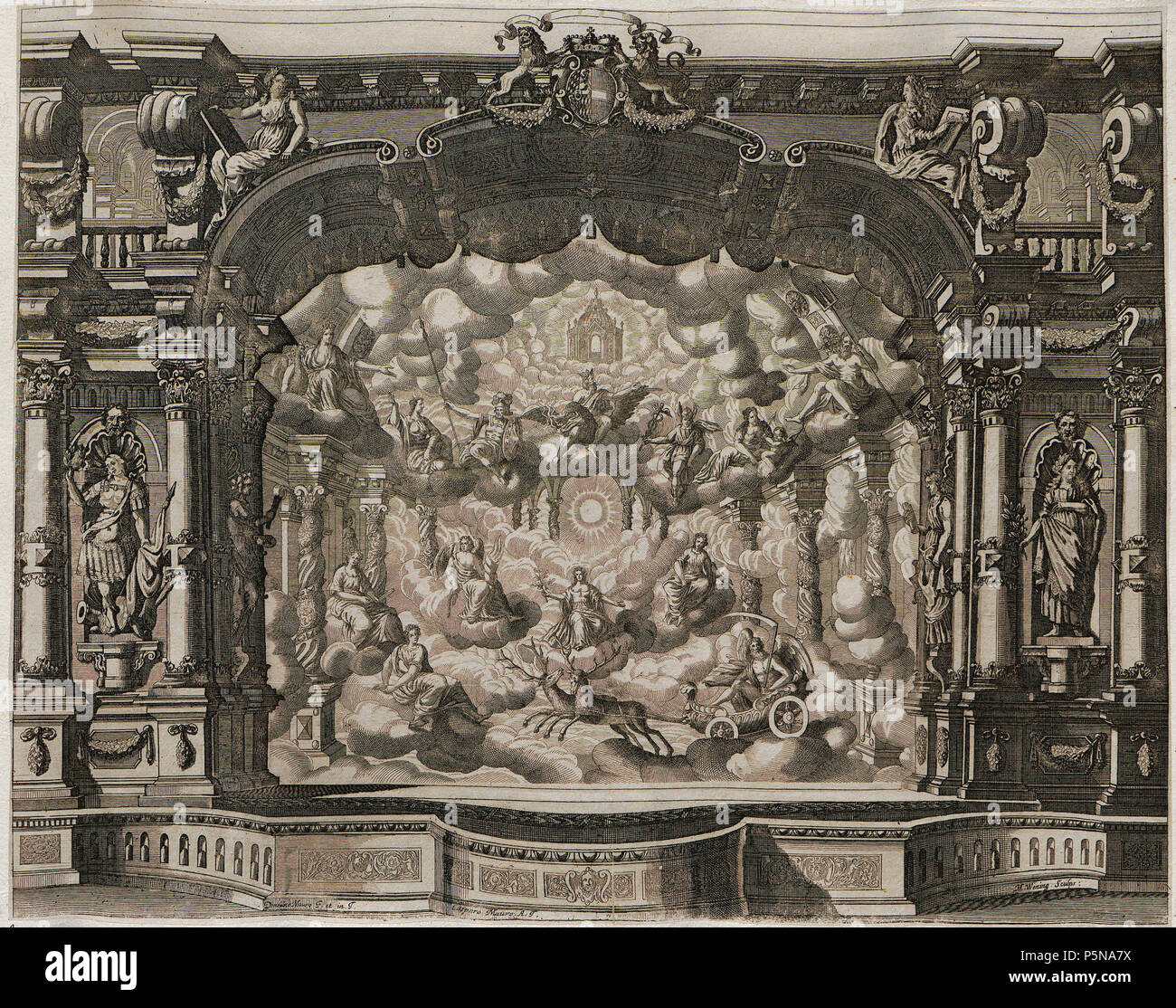 N/A. Grafik aus dem Klebeband Nr. der 15 Waldeckschen Hofbibliothek Bühnenbild Fürstlich Arolsen zur Oper Servio Tullio von Agostino Steffani (Musik) und Ventura Terzago (Texte). Im Januar 1686 Uraufgeführt im Opernhaus suis Salvatorplatz München. II. Bild : Der Himmel auf Wolken sitzend, die Götter (Jupiter, Junon, Neptun, Vénus, Merkur, Mars, Diana, Vesta, Vulcan, Ceres, Pallas, Phoebus), Chronos im Wagen von zwei Hirschen eigenschaften . 1686. Mauro Casparo A. T., Domenico Mauro F. et dans la région de T., Michael Wening sculps. 138 15063 Arolsen Klebeband Banque D'Images