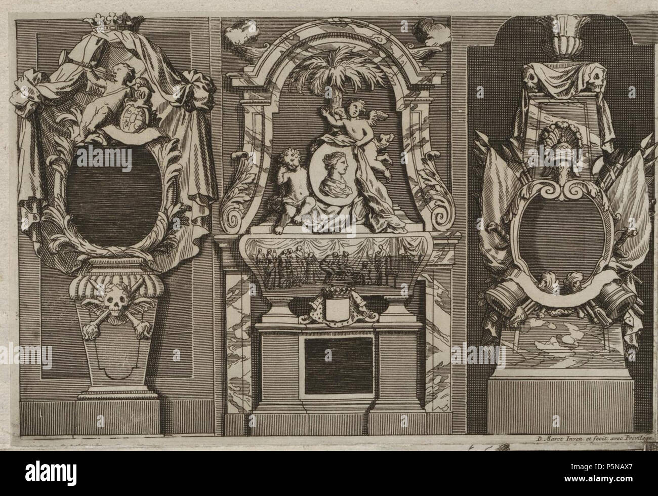 N/A. Grafik aus dem Klebeband Nr. 16 ("Leichbegängnisse Waldeckschen") der Fürstlich Hofbibliothek Arolsen Motiv : Entwurf für Epitaphe . tournant du 17/18ème siècle. Daniel Marot 139 Arolsen Klebeband 160851 Banque D'Images